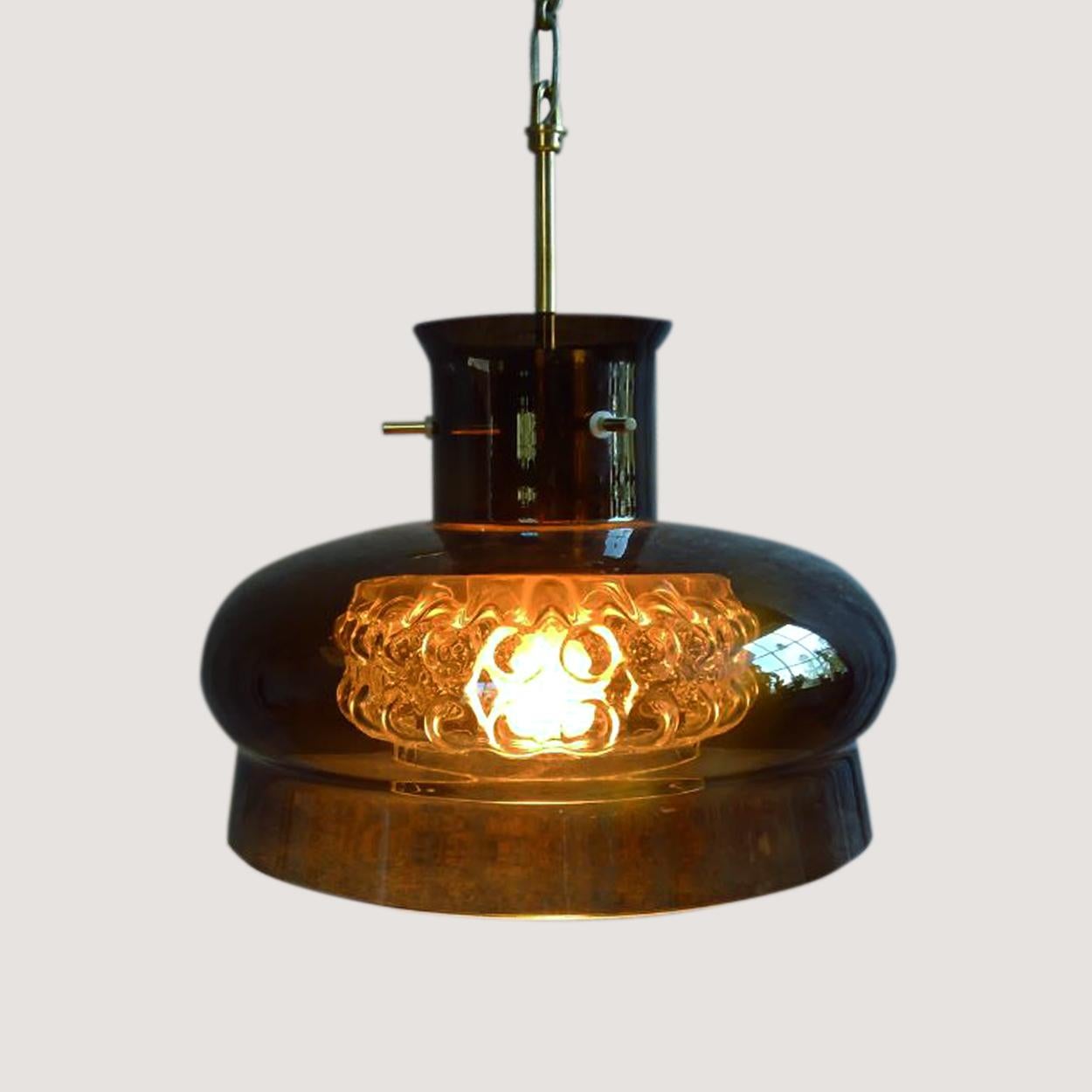 Mid-Century Modern Pair of Pendant Light by Carl Fagerlund for Orrefors in Brown and Bubble Glass