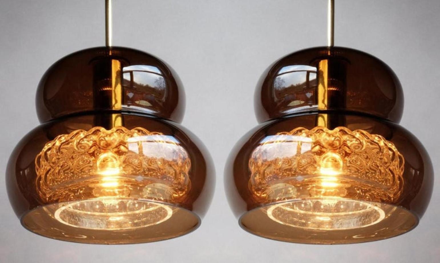 Swedish Pair of Pendant Light by Carl Fagerlund for Orrefors in Brown and Bubble Glass For Sale