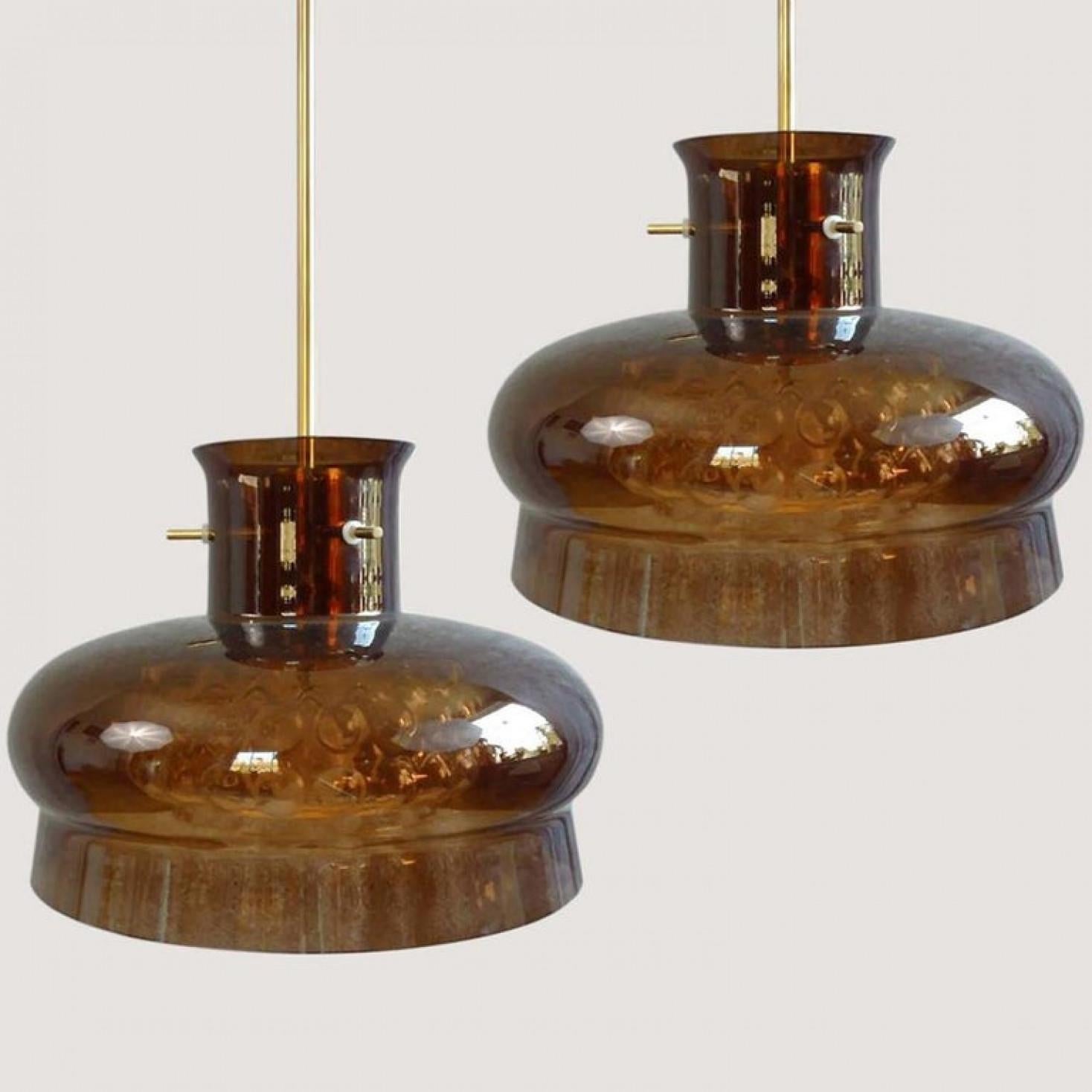 Danish Pair of Pendant Light by Carl Fagerlund for Orrefors in Brown and Bubble Glass For Sale