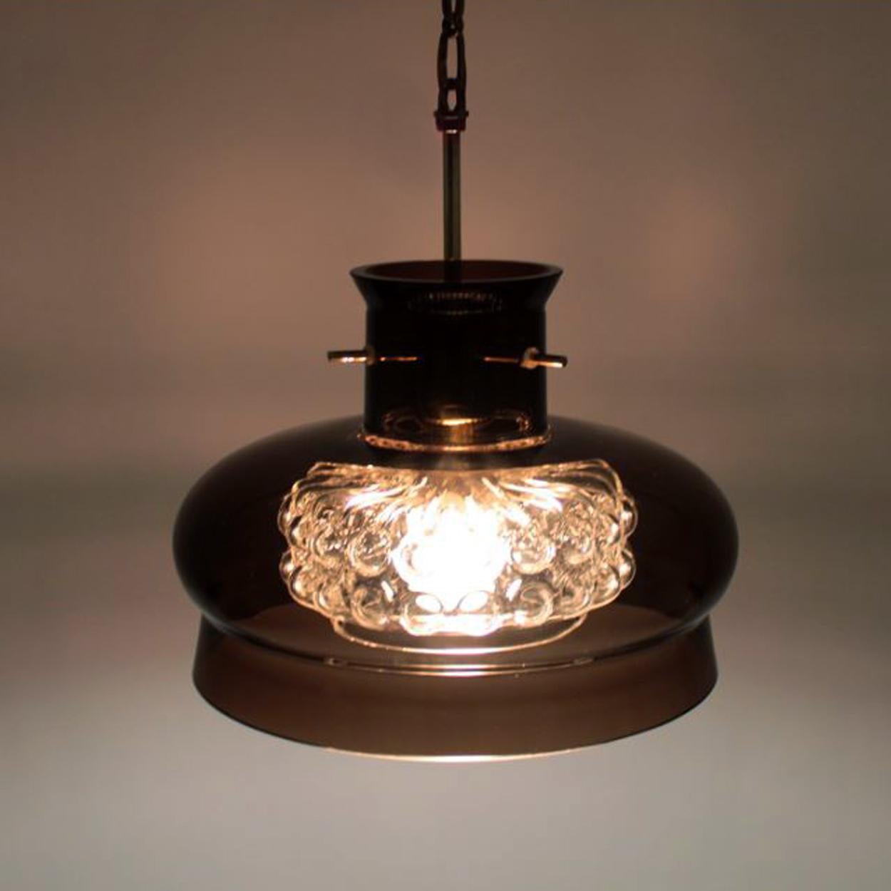 Mid-20th Century Pair of Pendant Light by Carl Fagerlund for Orrefors in Brown and Bubble Glass