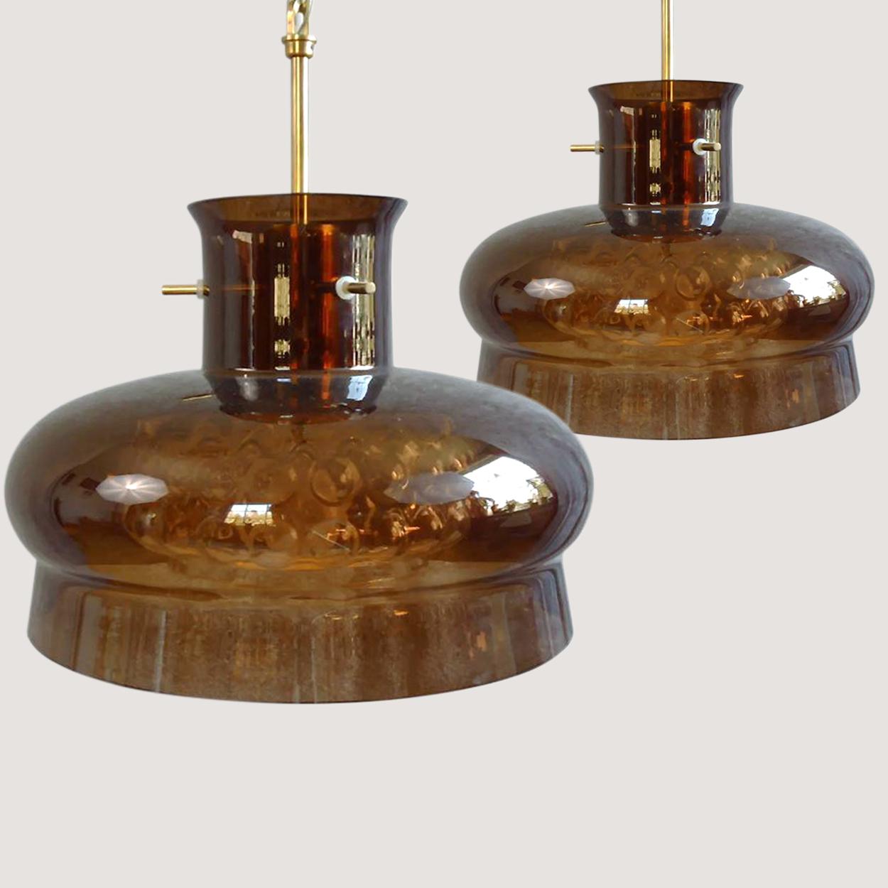 Crystal Pair of Pendant Light by Carl Fagerlund for Orrefors in Brown and Bubble Glass