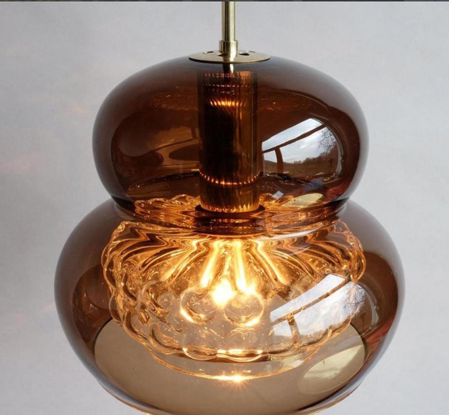 Pair of Pendant Light by Carl Fagerlund for Orrefors in Brown and Bubble Glass For Sale 1