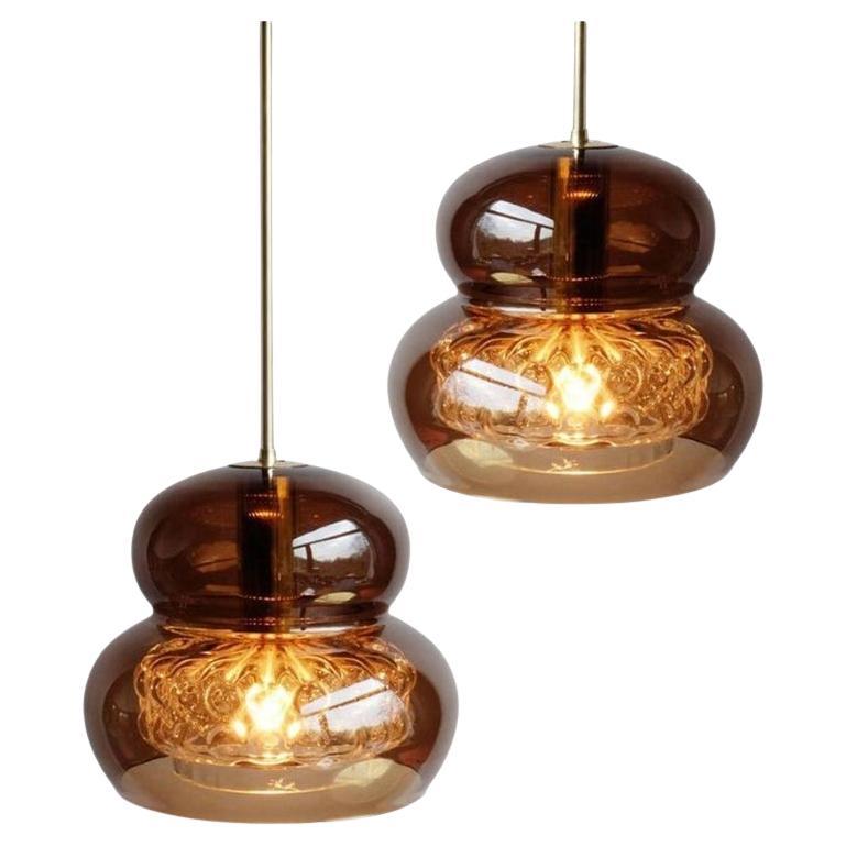 Pair of Pendant Light by Carl Fagerlund for Orrefors in Brown and Bubble Glass