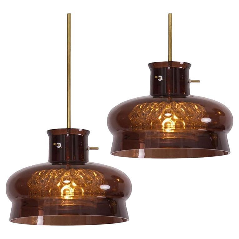 Pair of Pendant Light by Carl Fagerlund for Orrefors in Brown and Bubble Glass For Sale