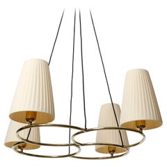 Pair of Pendant Lights Chandeliers, Brass Pleated Cream Fabric Shades, 1960
