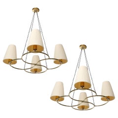 Pair of Pendant Lights Chandeliers, Brass Pleated Cream Fabric Shades, 1960
