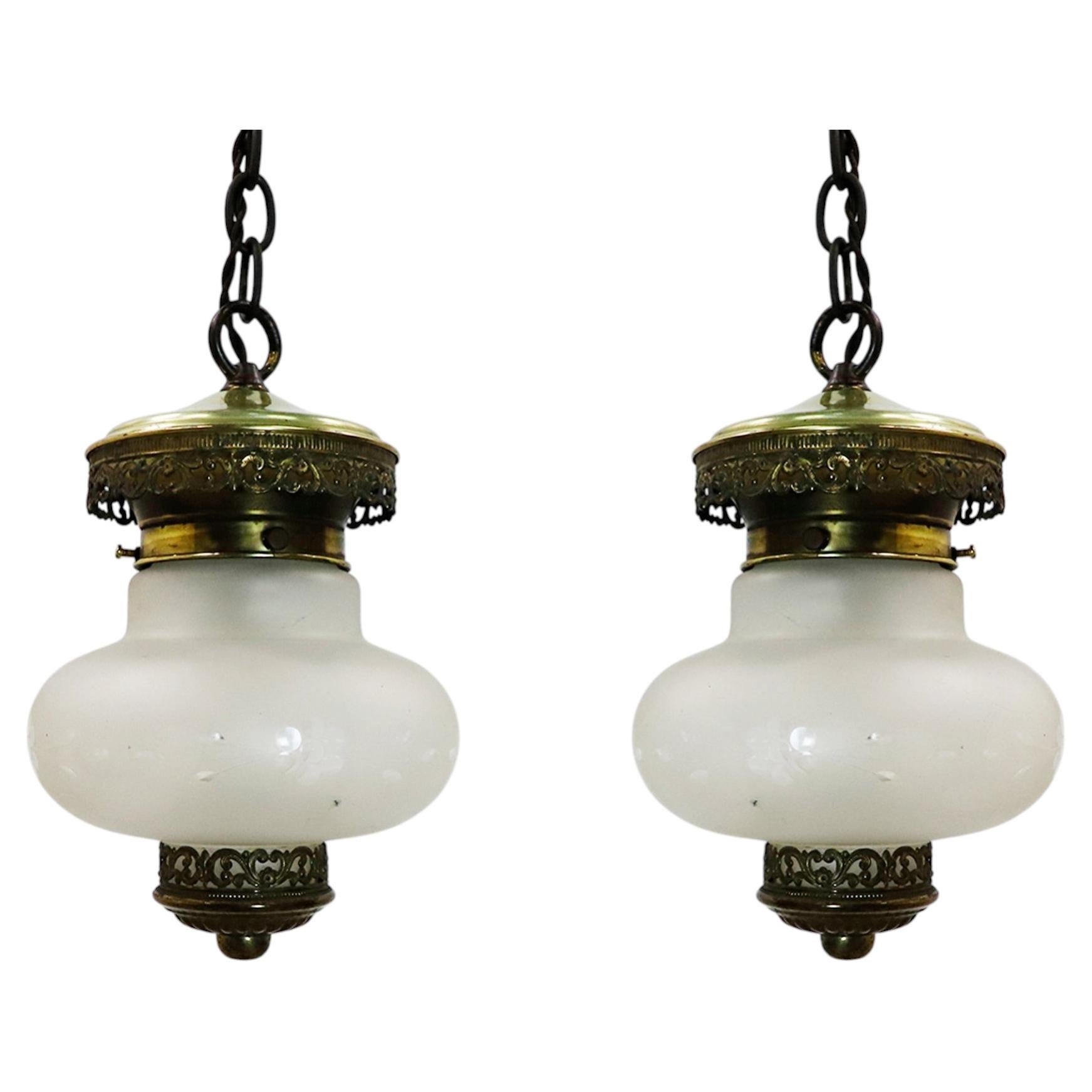 Pair of Pendant Lights · Etched Opaline Glass and Aluminum. For Sale