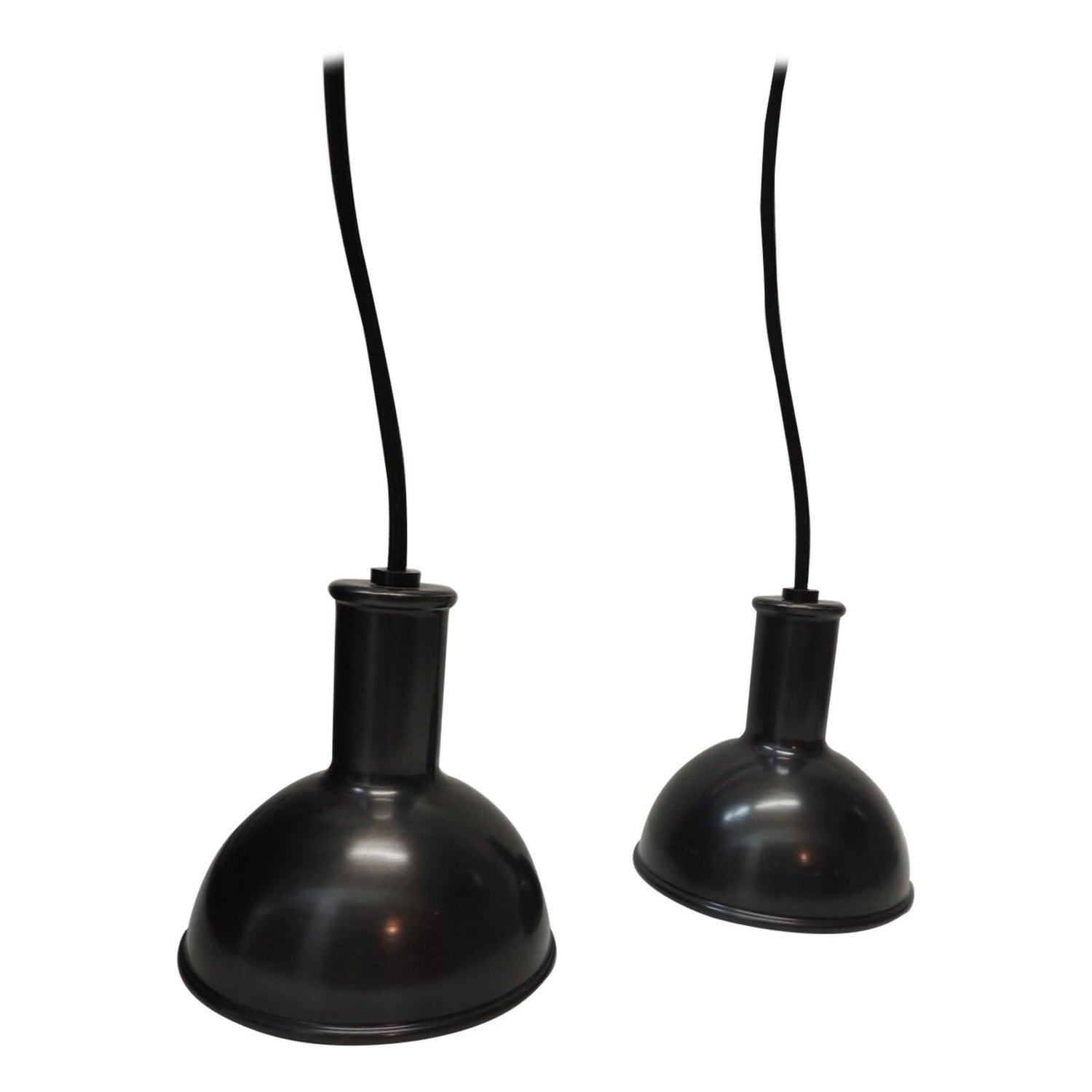 Pair Of Pendant Lights In Gunmetal Color With A Cloth Covered Cord