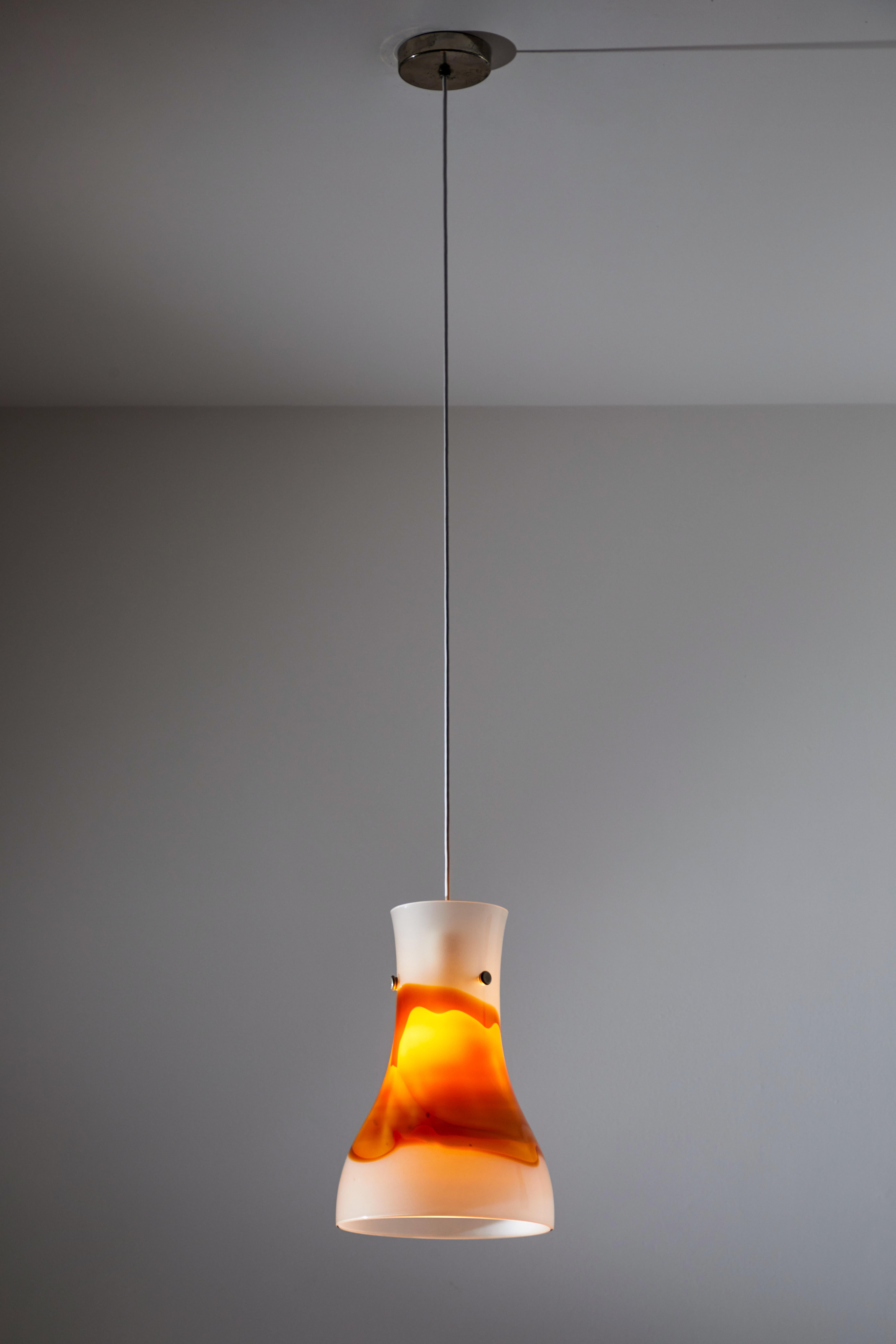 Suspension lights by Tobia Scarpa for Venini. Designed and manufactured in Italy, 1965. Satin glass diffuser with brushed glass incalmo strip and nickel-plated brass hardware. Rewired for U.S. junction boxes. Each light takes one E27 100w maximum