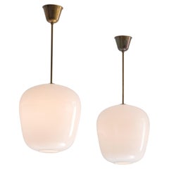Pair of Pendants in Brass and Opaline Glass