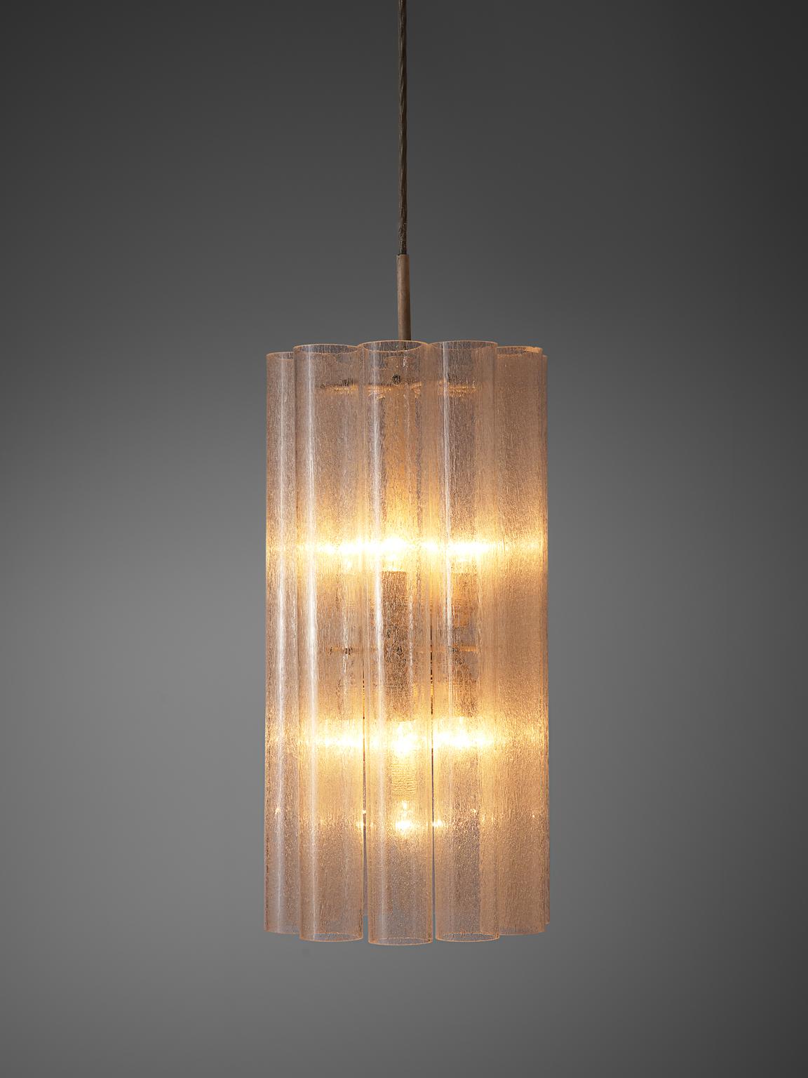 Mid-Century Modern Pair of Pendants in Structured Glass and Brass