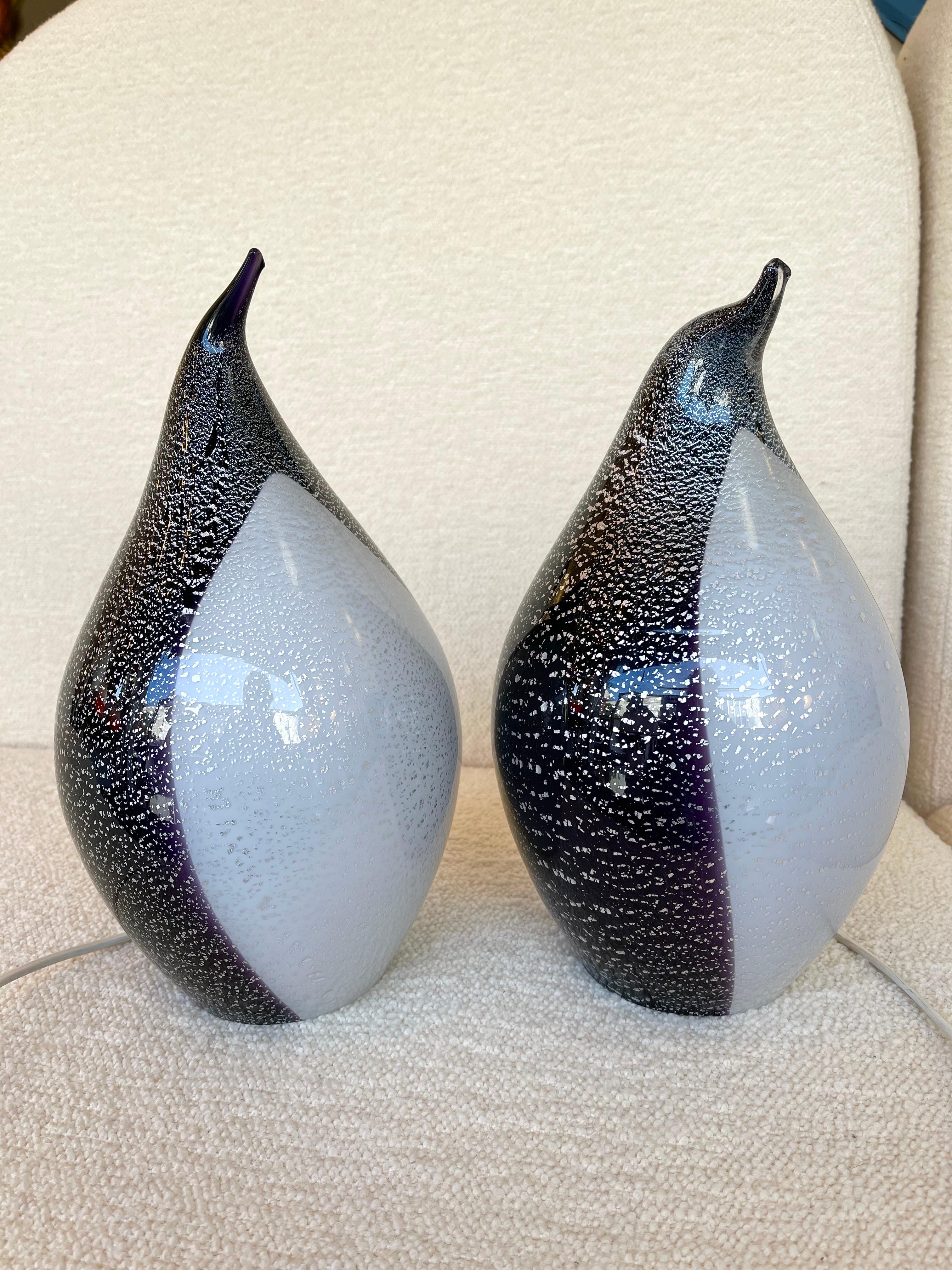 Late 20th Century Pair of Penguin Murano Glass Lamps, Italy, 1980s For Sale