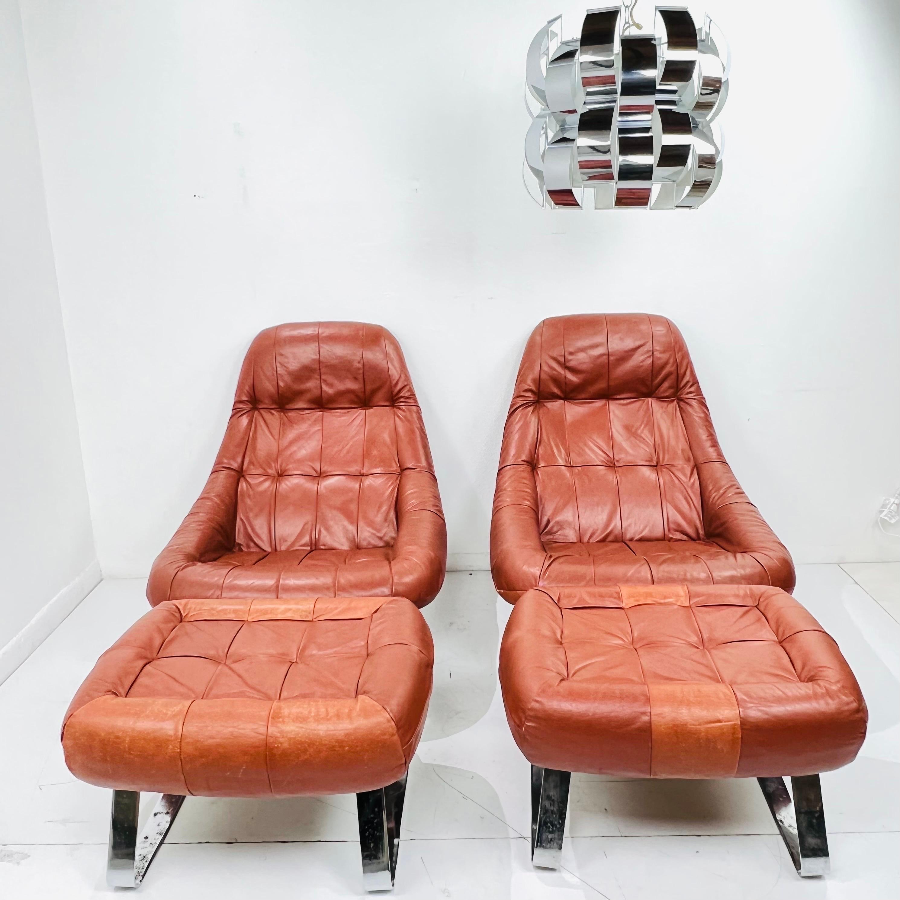 Leather Pair of Percival Lafer Earth Chairs with Ottomans
