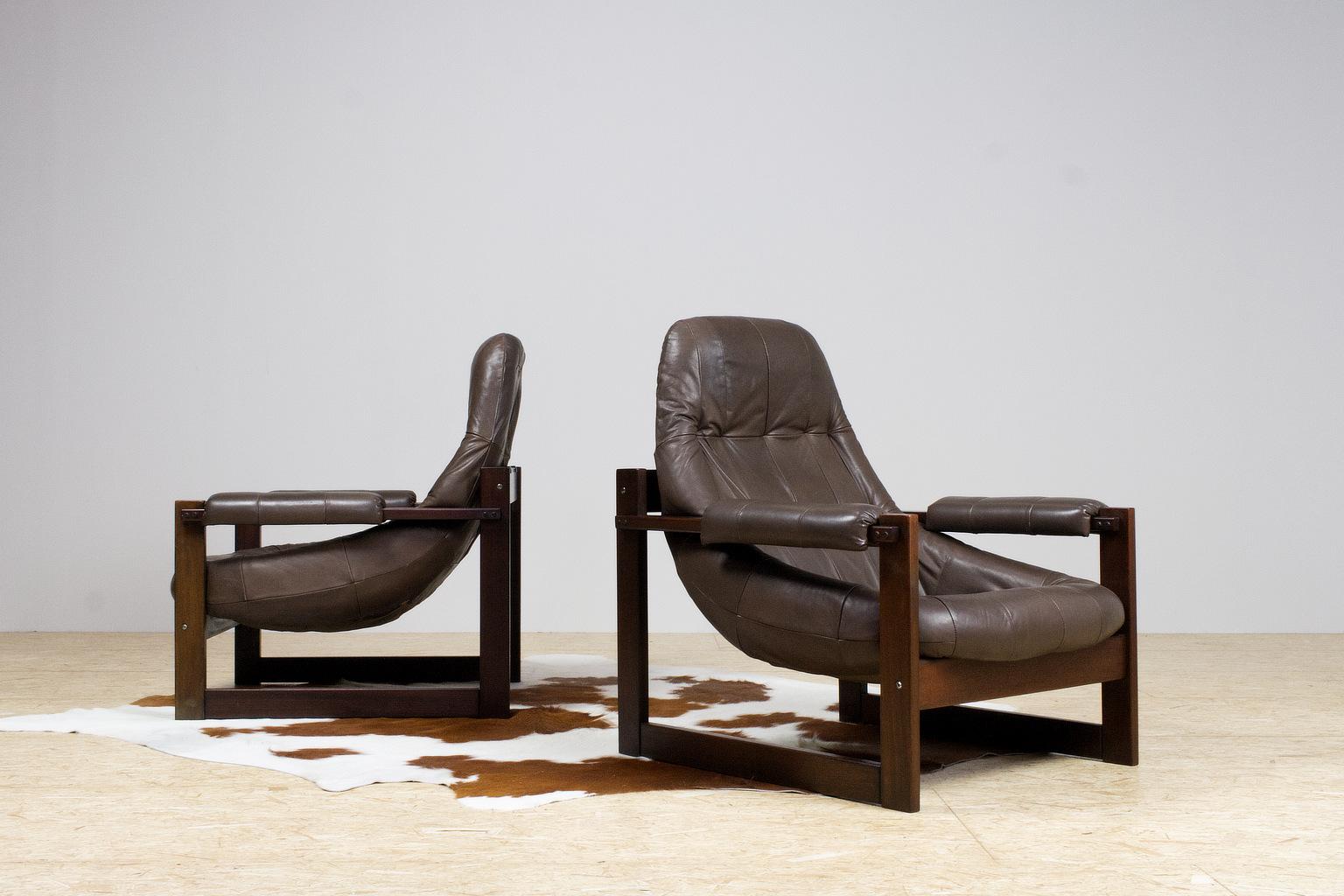 Mid-Century Modern Pair of Percival Lafer Leather Lounge Chairs in Brown Brazilian Modern