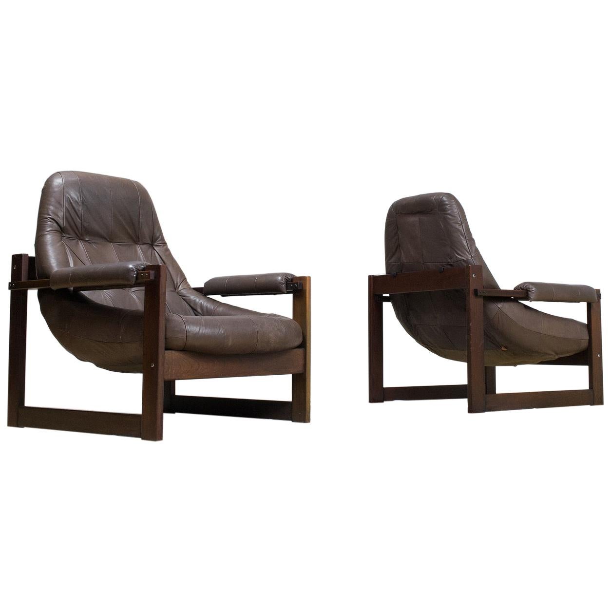 Pair of Percival Lafer Leather Lounge Chairs in Brown Brazilian Modern