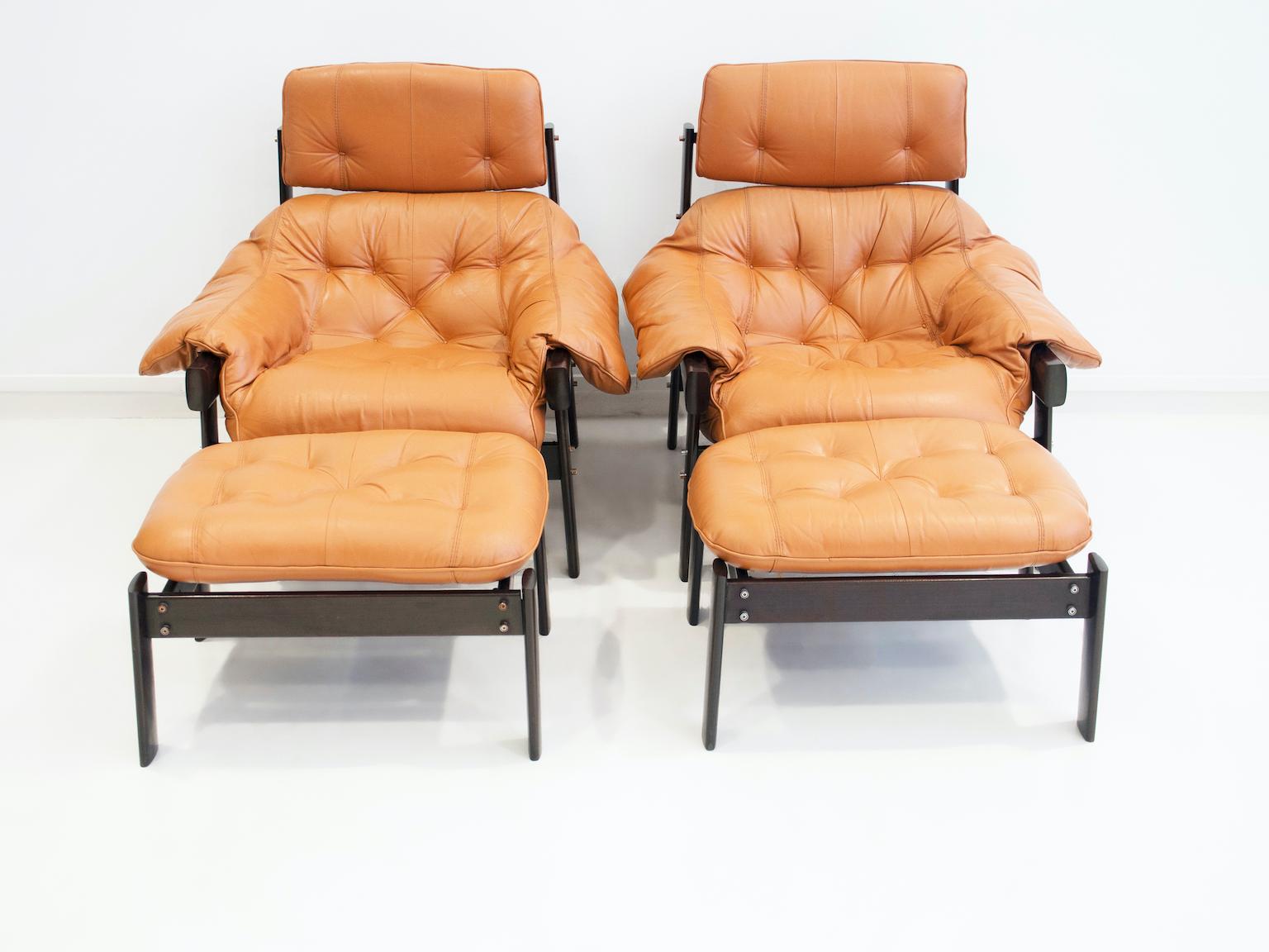 Brazilian Pair of Percival Lafer Leather Lounge Chairs with Footrests