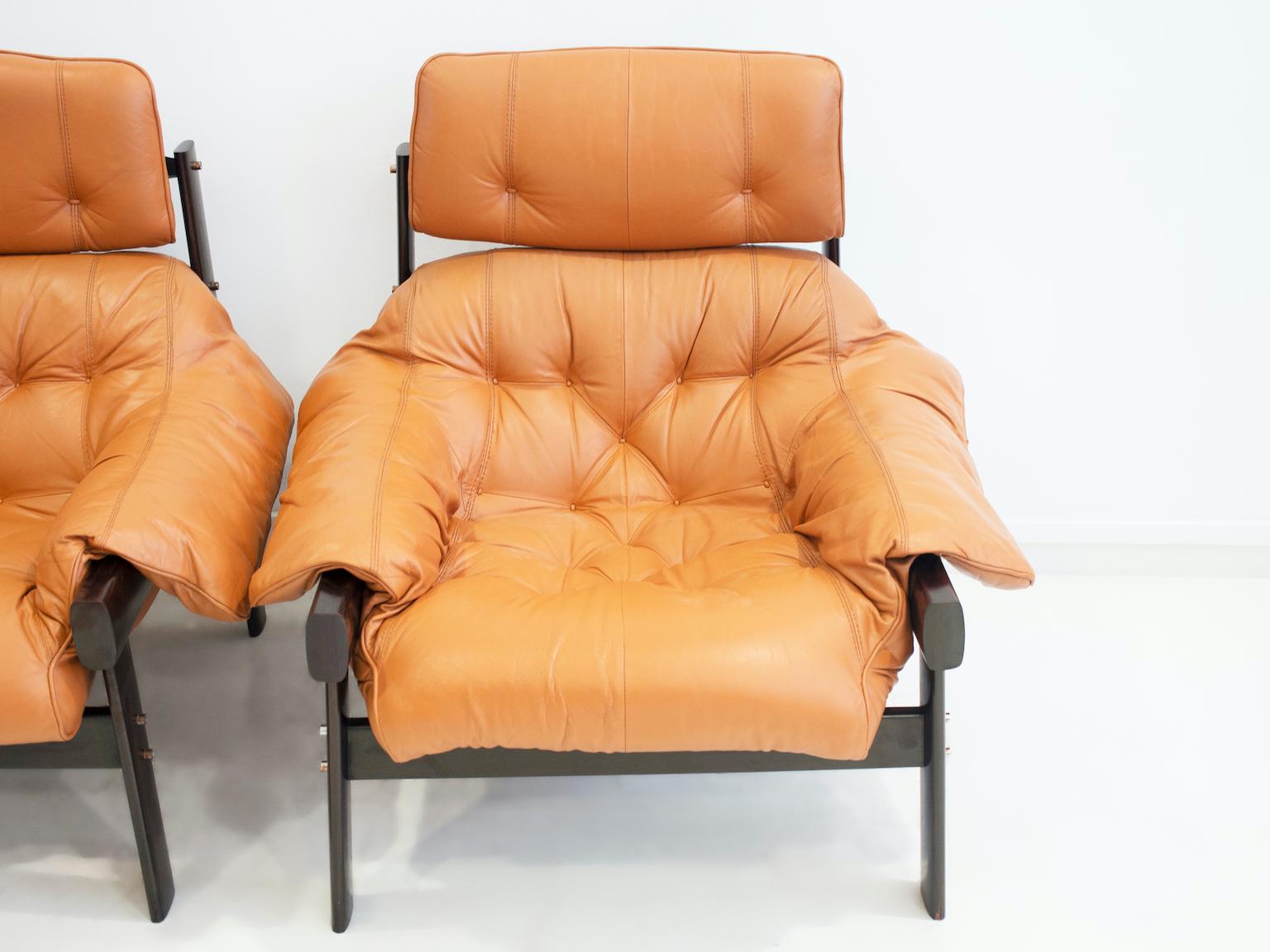 20th Century Pair of Percival Lafer Leather Lounge Chairs with Footrests