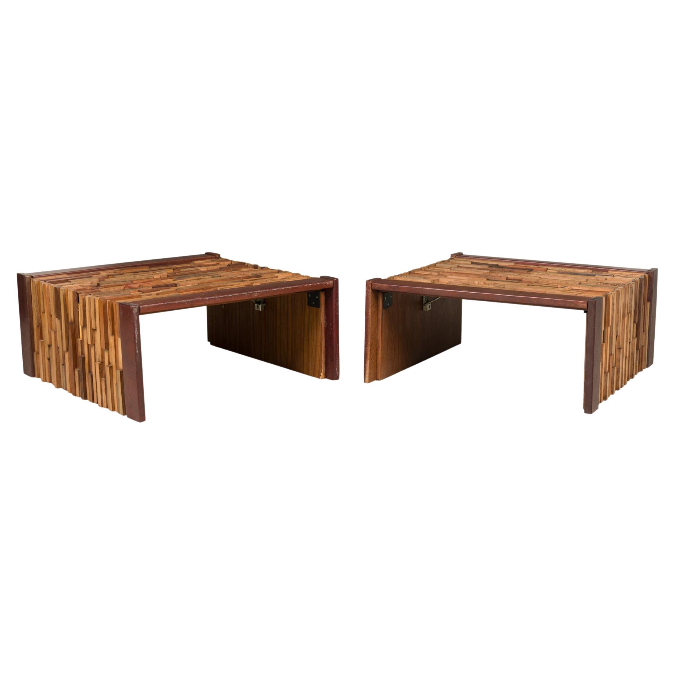 2 quadratische Couchtische aus der Mitte des Jahrhunderts (brasilianisch) mit gemischtem Holzmuster und Gestell aus Mahagoni mit klappbaren Seitenteilen (PREIS PRO STÜCK)