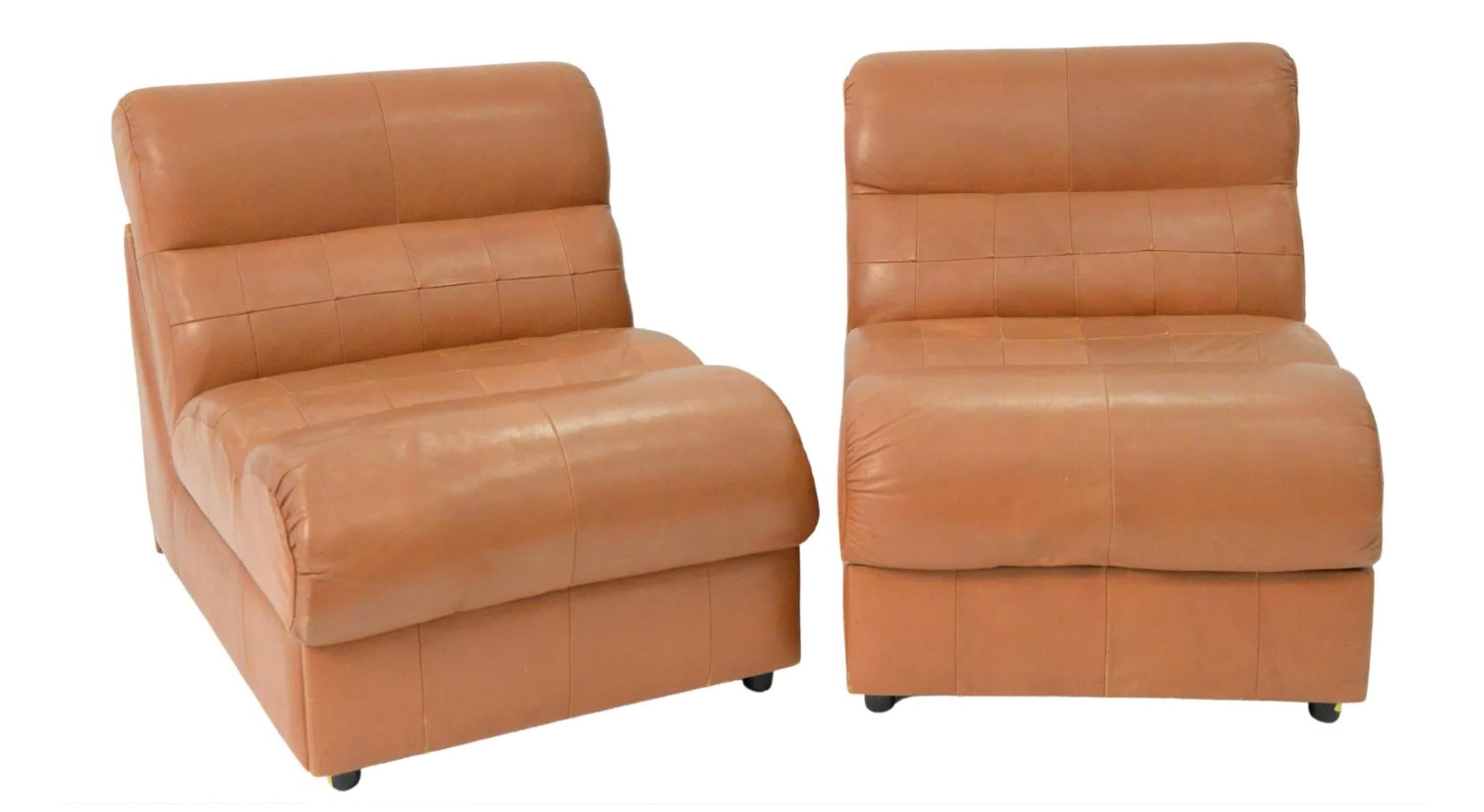 Pair of Percival Lafer Midcentury Low Leather Patchwork Slipper Lounge Chairs In Good Condition For Sale In BROOKLYN, NY