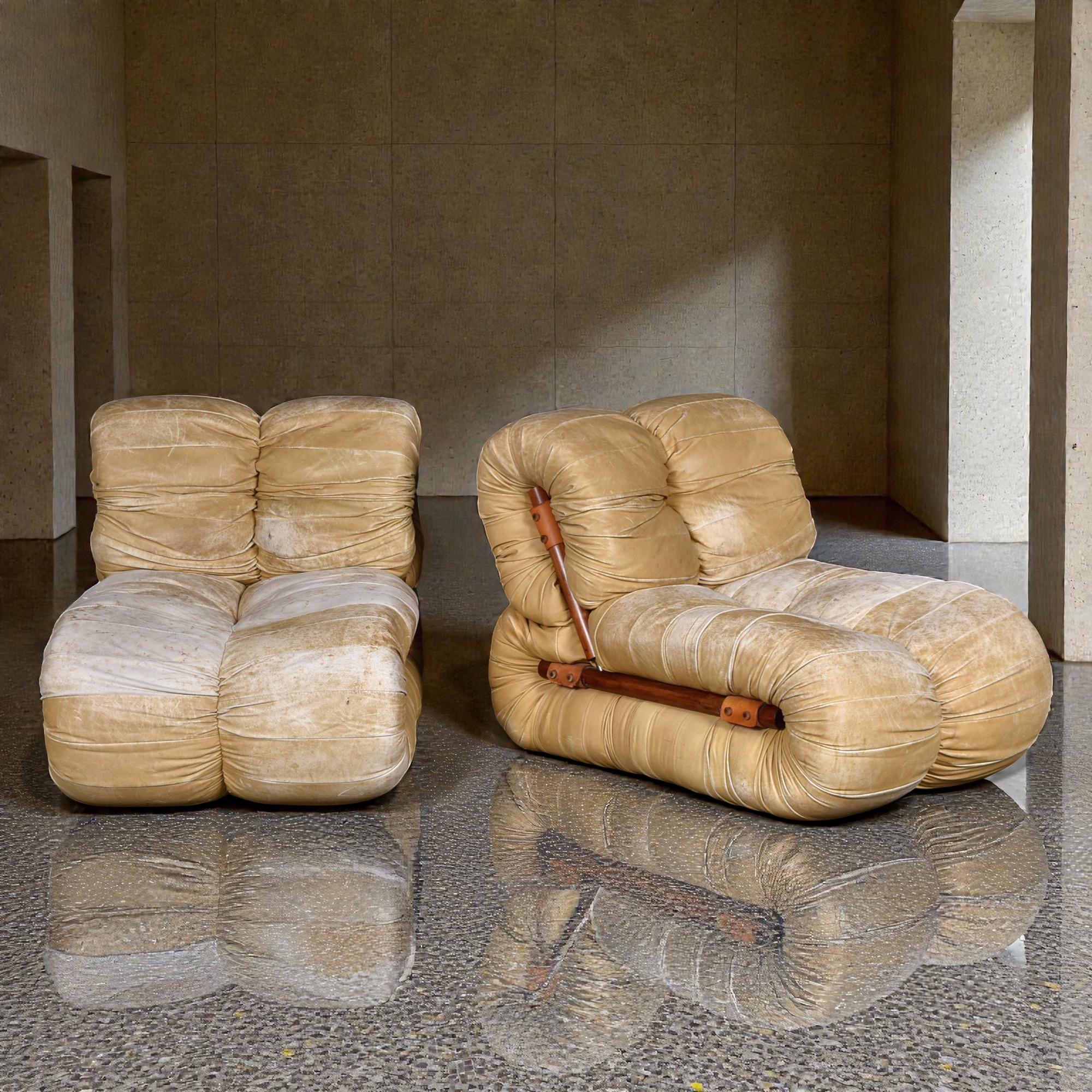 Paar Percival Lafer MP-116 modulare Loungesessel in Original Tan Leder 3