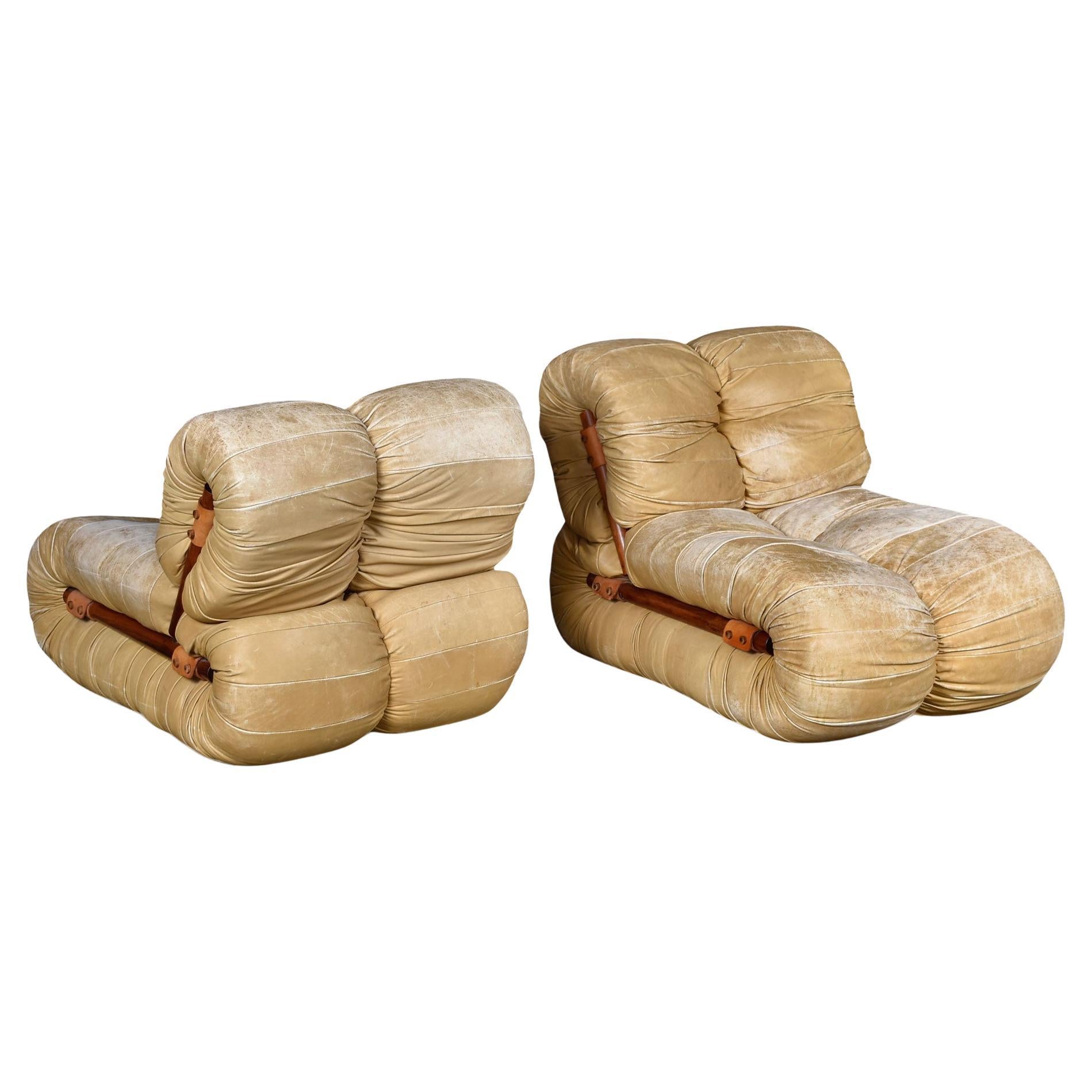 Paar Percival Lafer MP-116 modulare Loungesessel in Original Tan Leder