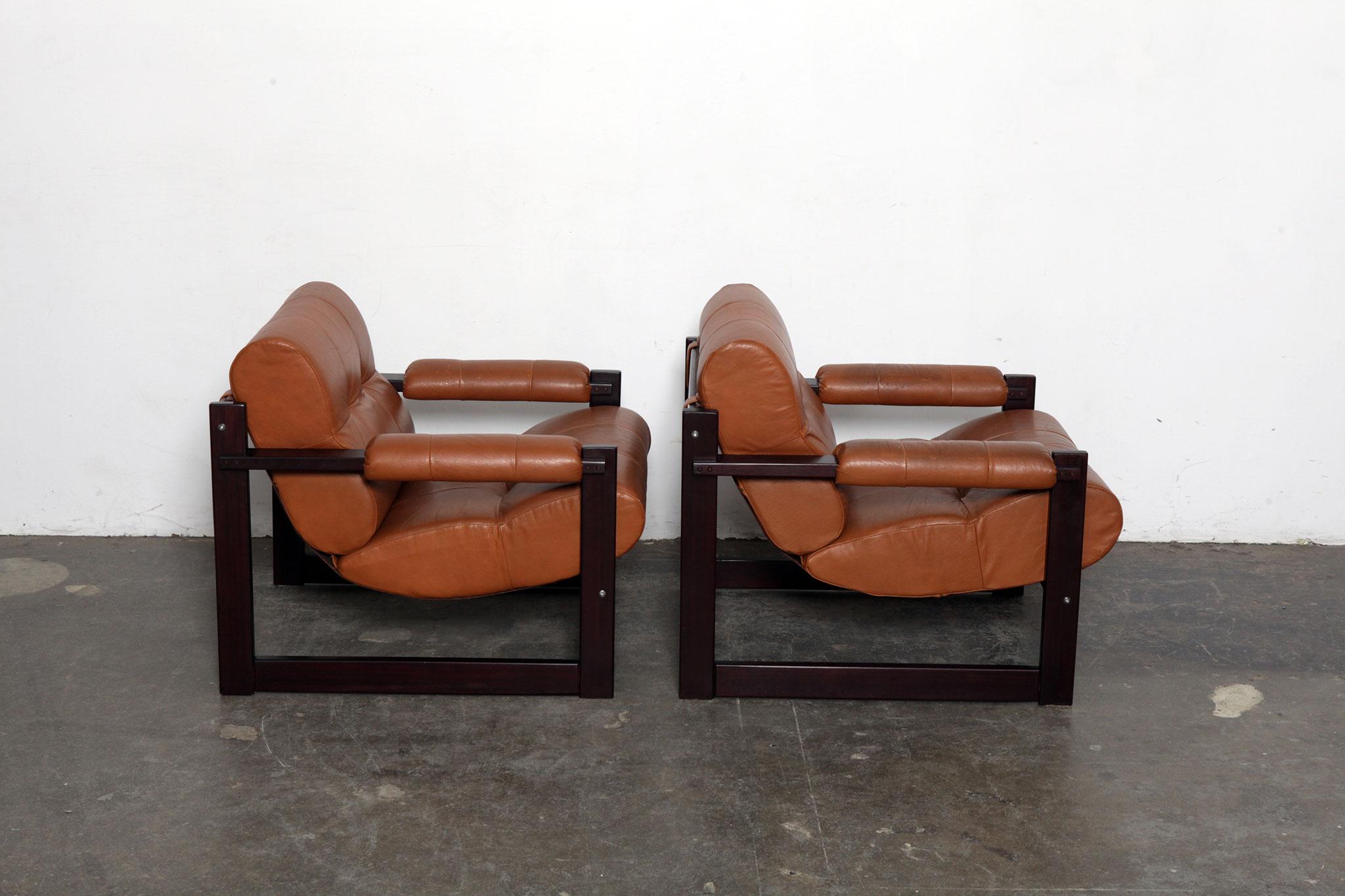 Mid-Century Modern Pair of Percival Lafer MP-167 Leather and Jatoba Lounge Chairs, Brazil, 1970s