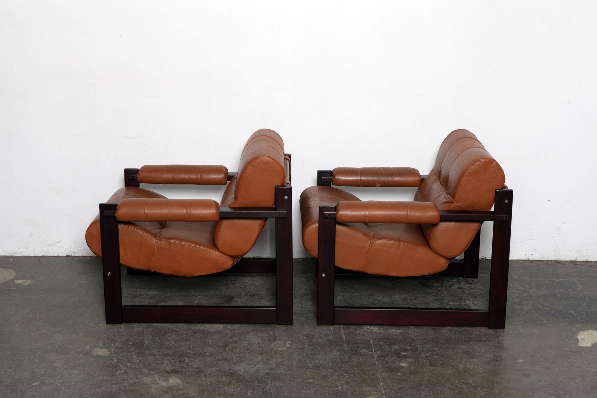 Pair of Percival Lafer MP-167 Leather and Jatoba Lounge Chairs, Brazil, 1970s In Good Condition In North Hollywood, CA