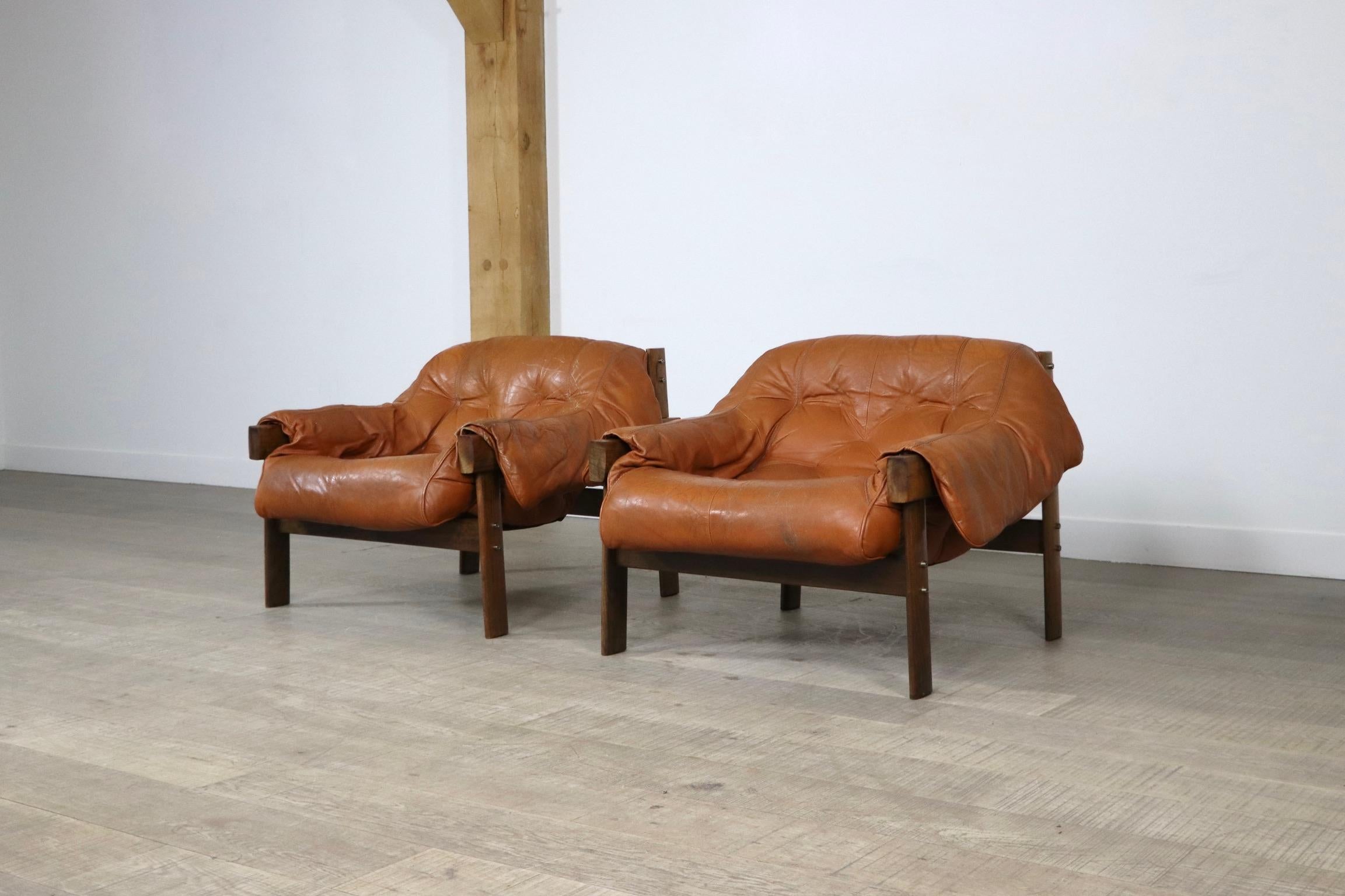 Pair of Percival Lafer MP-41 Lounge Chairs in Cognac Leather, Brazil, 1970s In Good Condition In ABCOUDE, UT