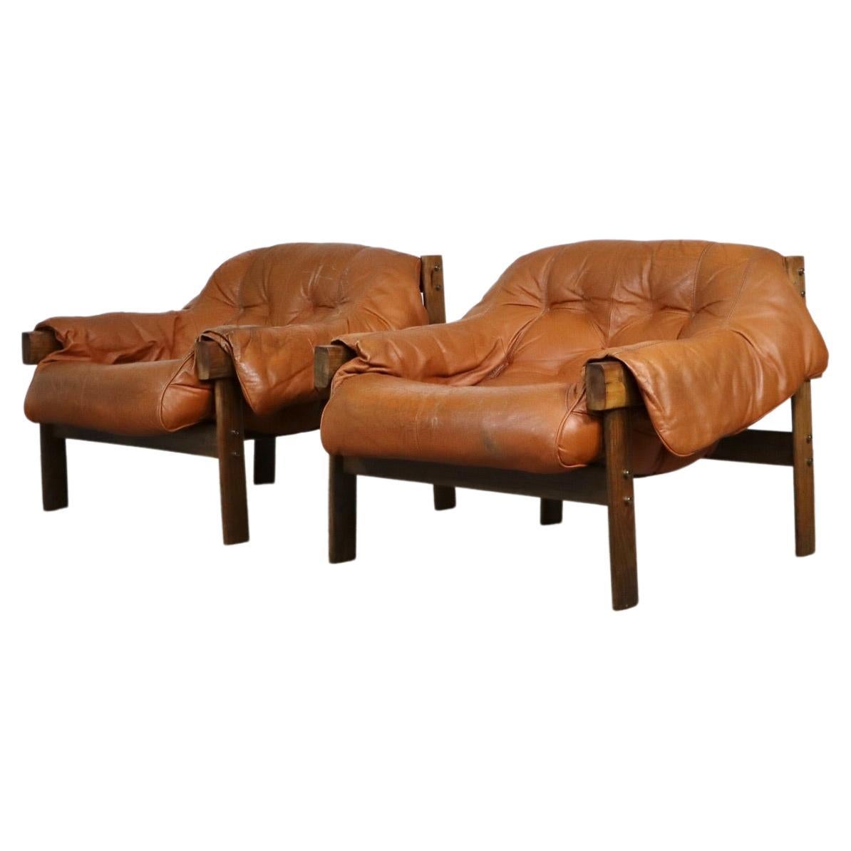 Pair of Percival Lafer MP-41 Lounge Chairs in Cognac Leather, Brazil, 1970s