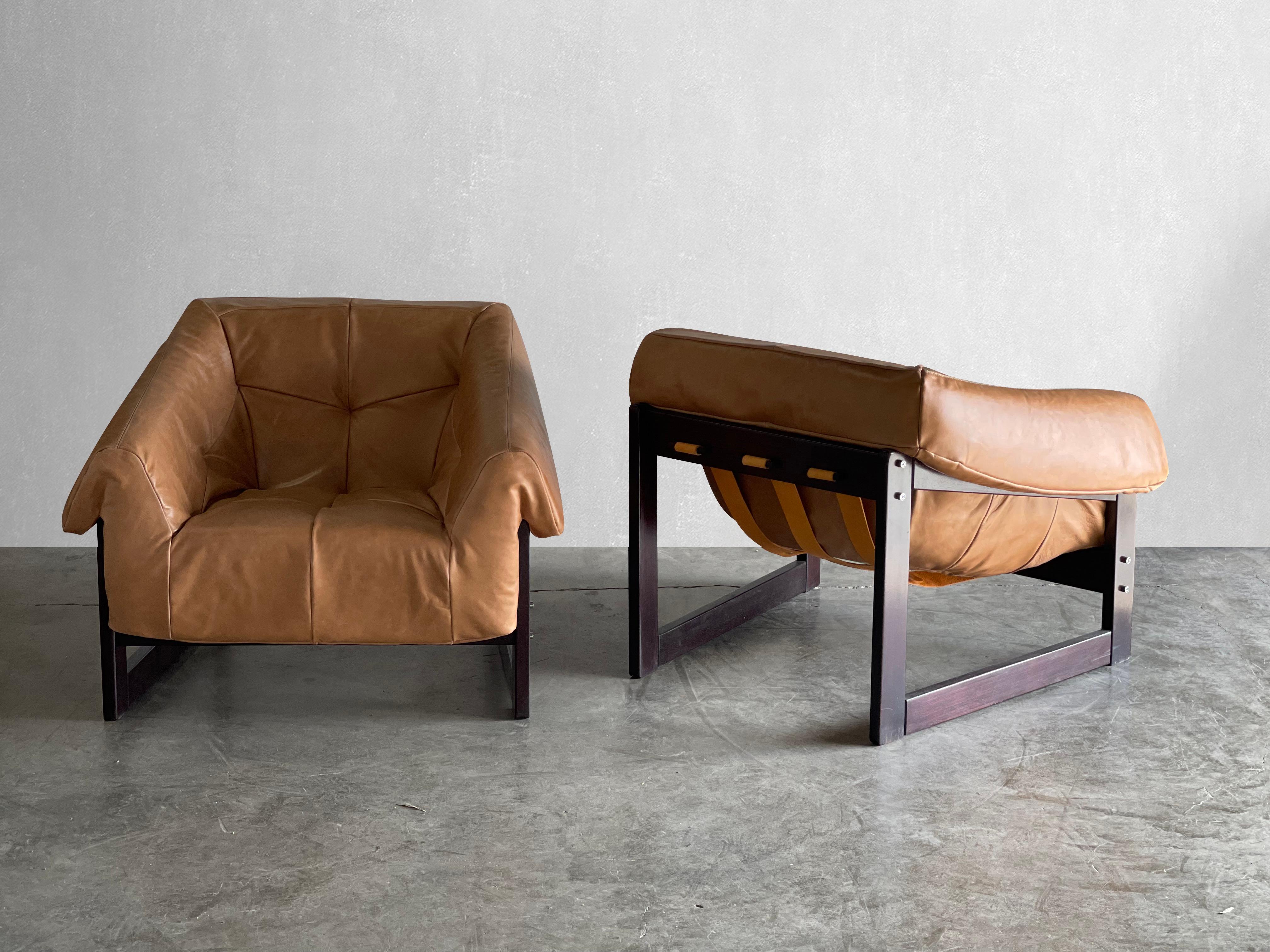 C. 1970s

Percival Lafer was one of the most prolific designers of the Brazilian midcentury period.

The tufted camel leather cushion sits on sturdy leather straps, which are attached to the jacaranda rosewood frame with dowels.

The seat and