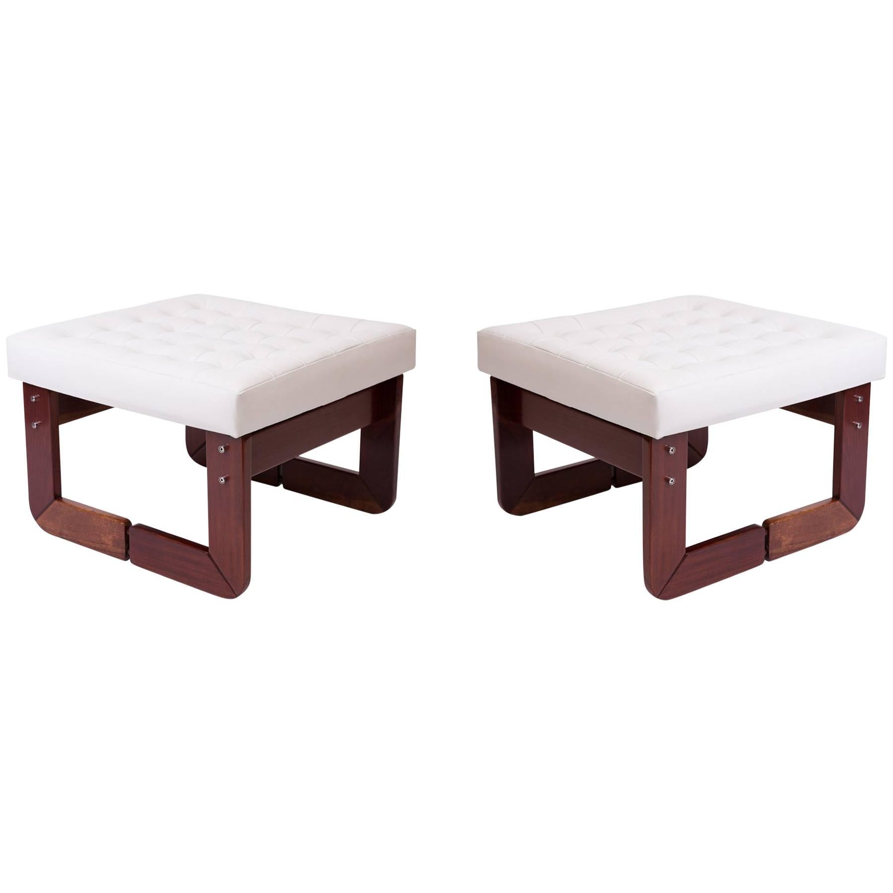 Pair of Percival Lafer Rosewood and Tufted Leather Upholstered Ottomans