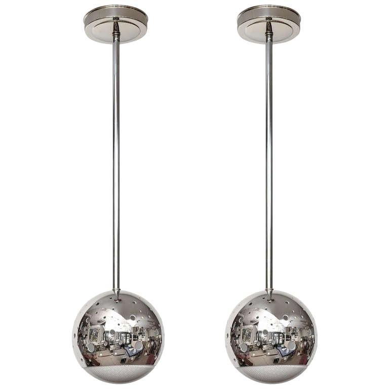 Pair of Perforated Chrome Globe Pendant Lights For Sale