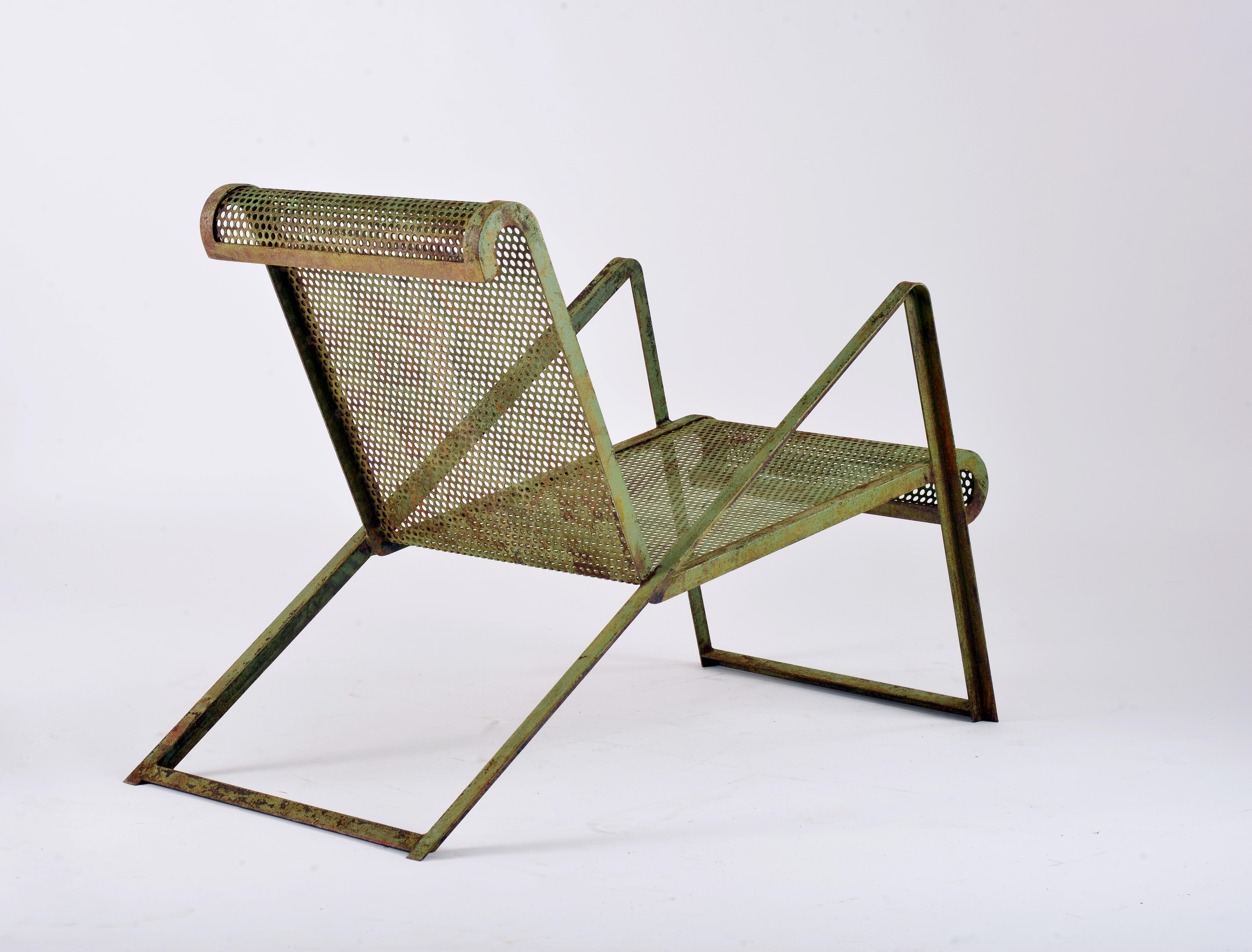 Mid-Century Modern Pair of Perforated Metal Armchairs in the Jean Royère Style