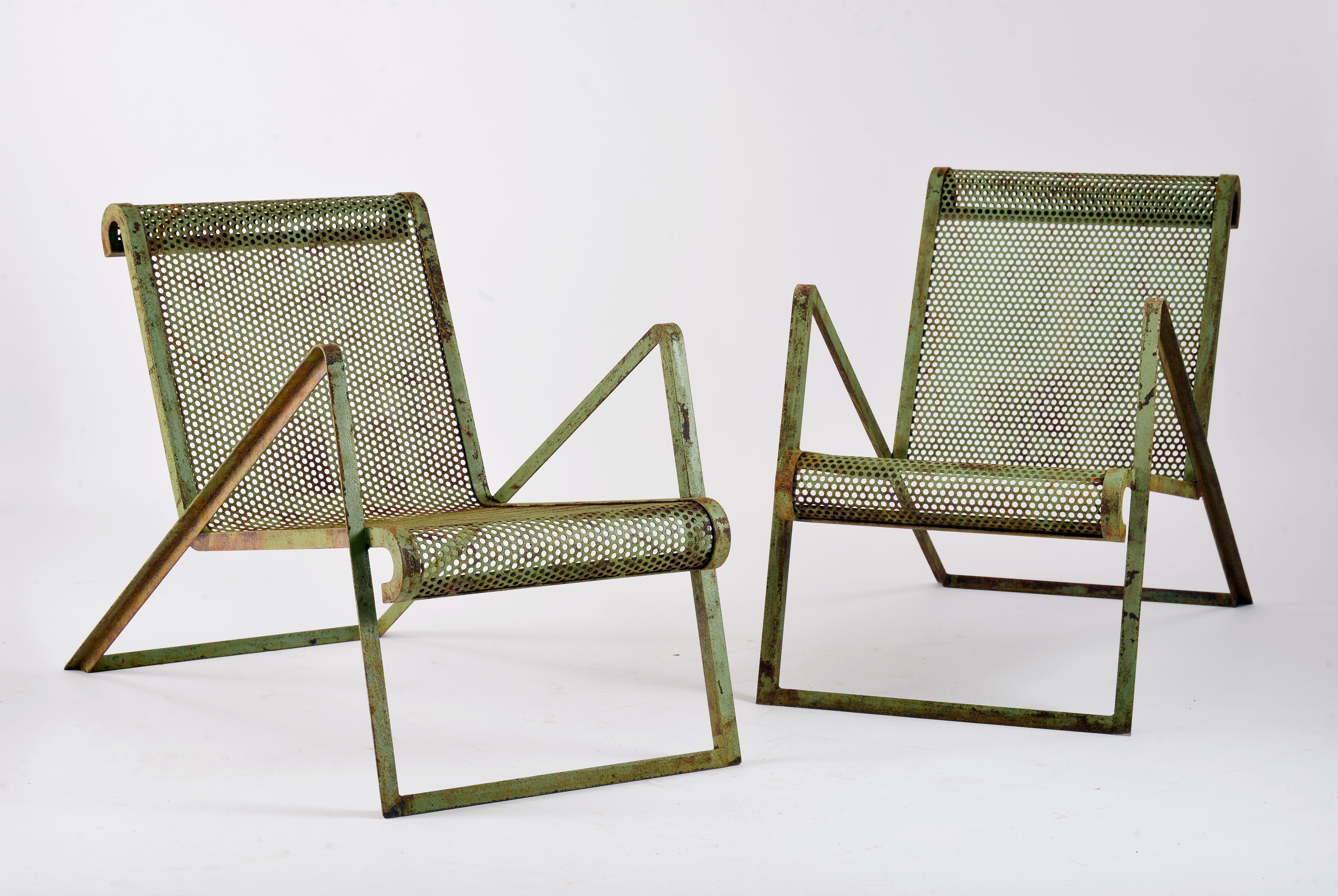 French Pair of Perforated Metal Armchairs in the Jean Royère Style