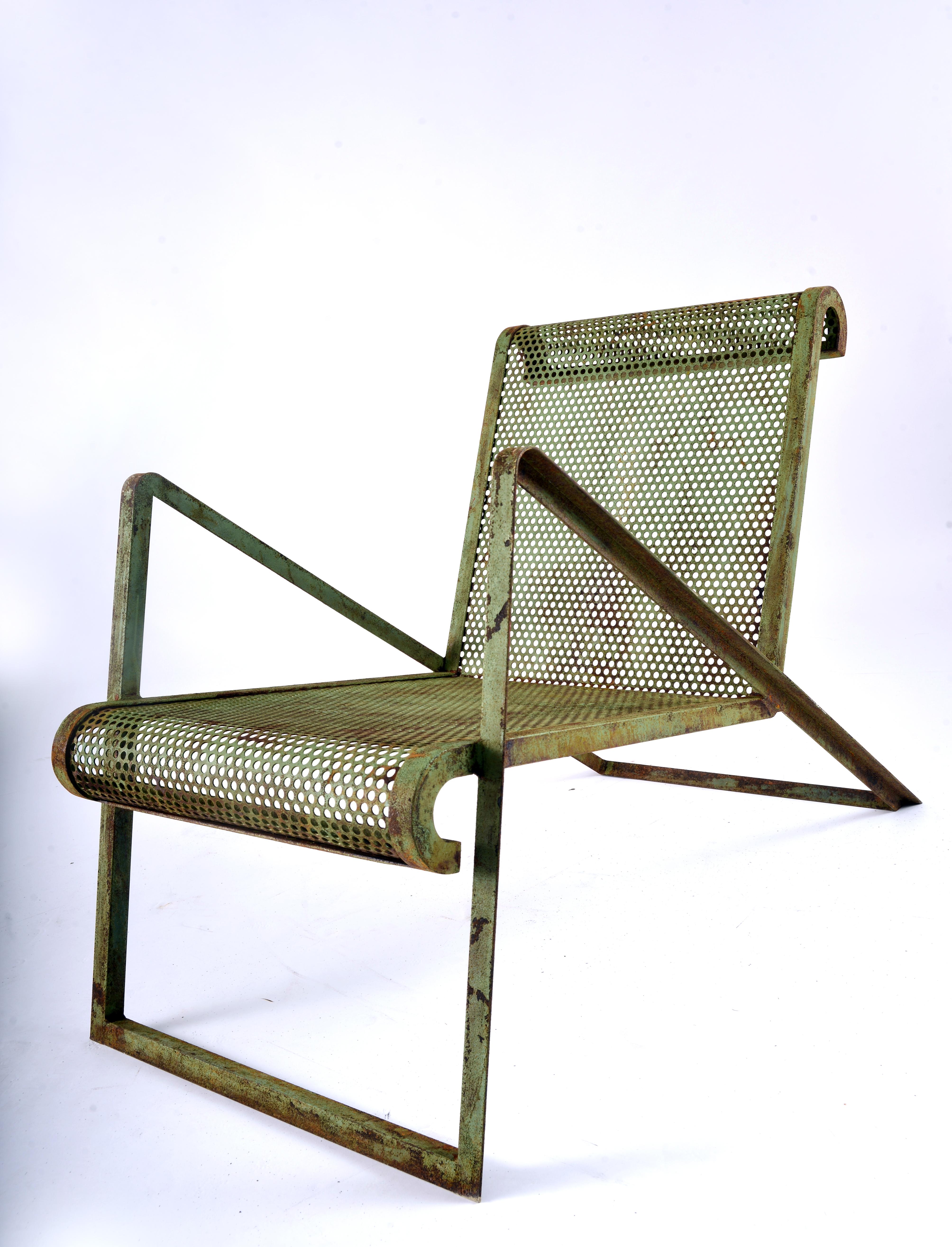 Painted Pair of Perforated Metal Armchairs in the Jean Royère Style