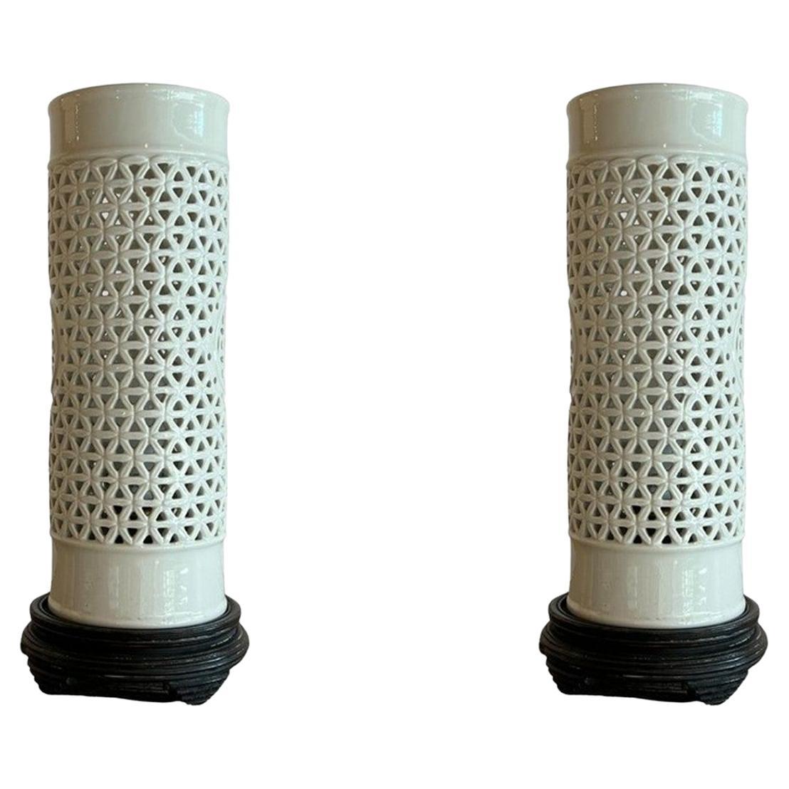 Pair of Perforated Porcelain Table Lamps For Sale
