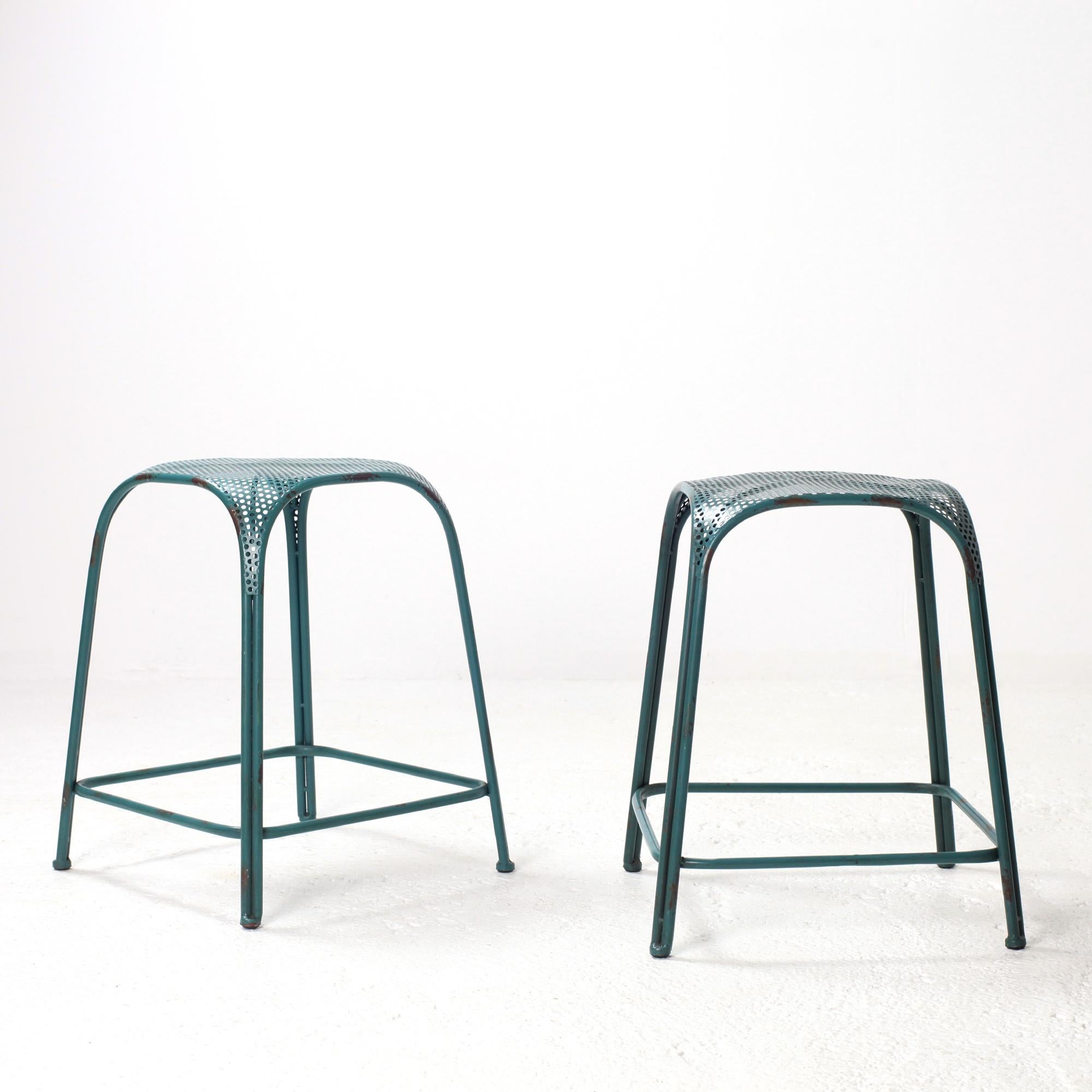 Mid-Century Modern Pair of Perforated Steel Seat Italian Stool In the Style of Mategot 1960s