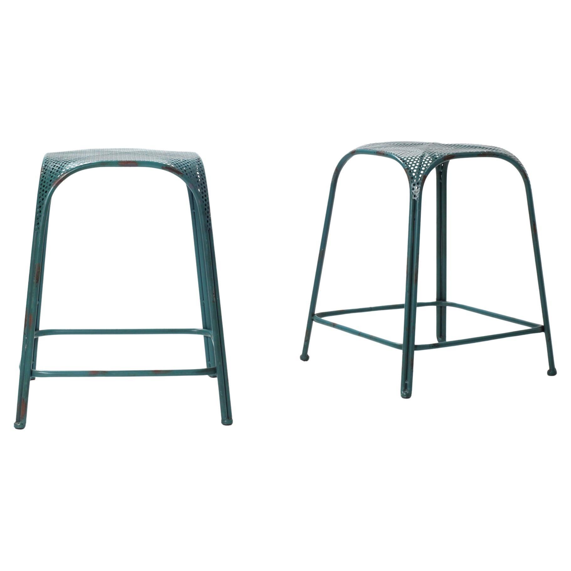 Pair of Perforated Steel Seat Italian Stool In the Style of Mategot 1960s