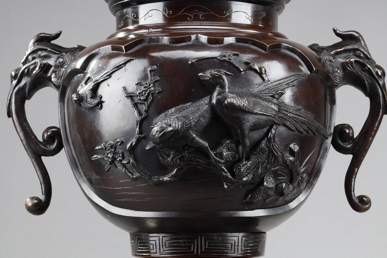 Pair of Perfume Burners in Patinated Bronze with Dogs and Dragons, 20th Century 2