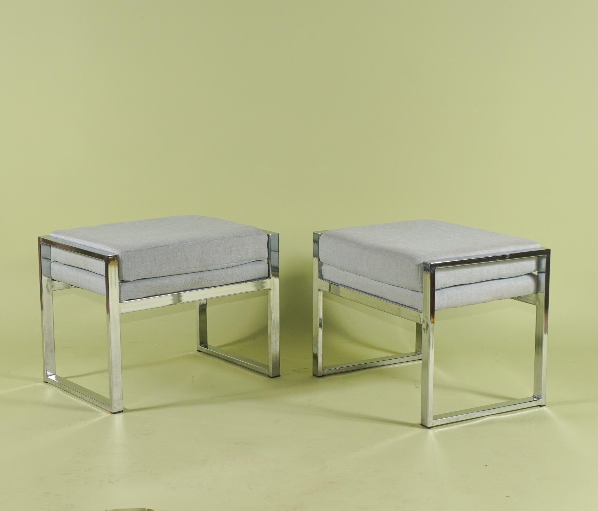 This pair of stools are made of chromed steel and the upholstered seats are easy to remove and cover if so desired. Created in the style of Milo Baughman one of the period's most prolific designers and most associated with his work for Thayer Coggin
