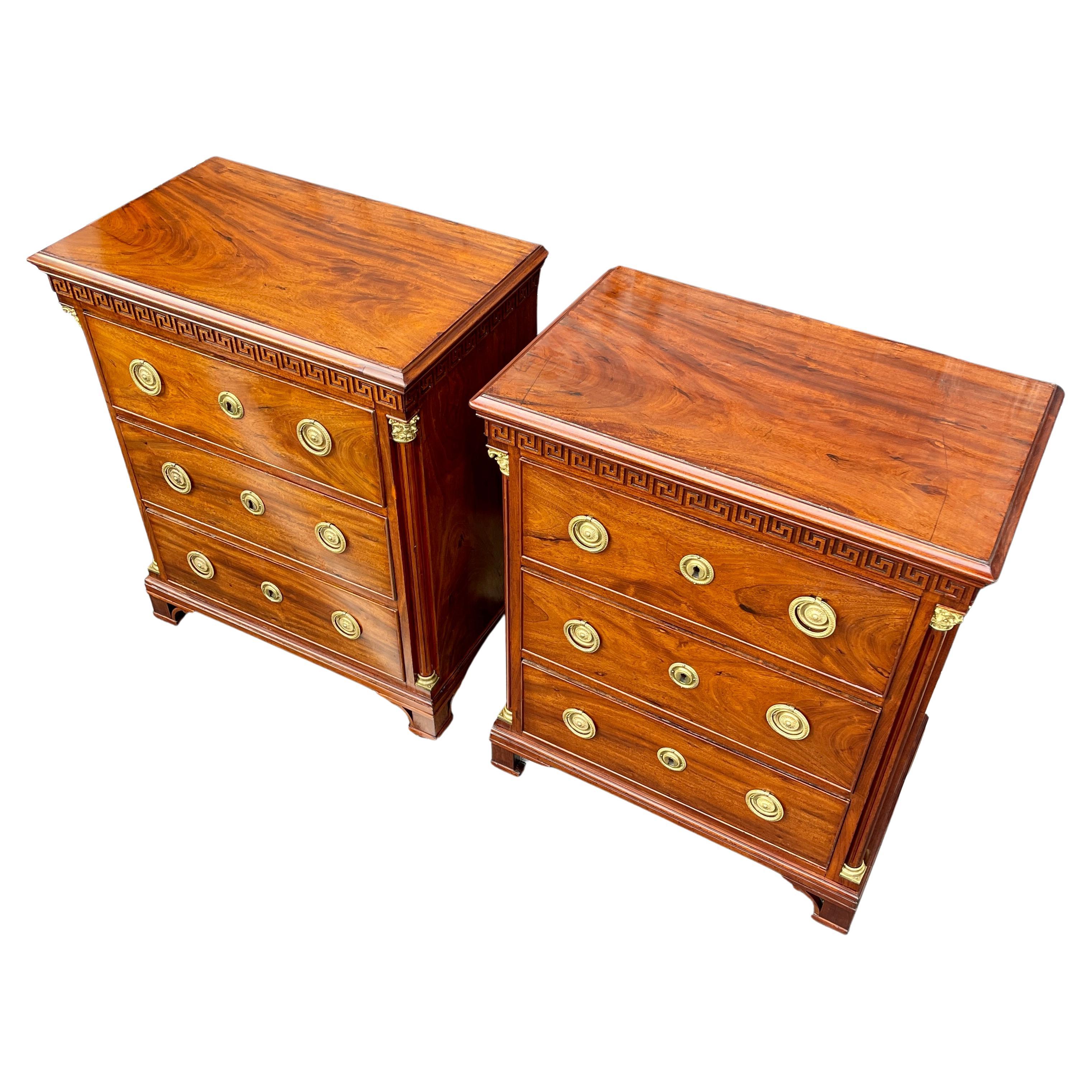 Danish late 18th Century pair of period empire chest of drawers. 
This rare pair was recently found here in the USA, which makes them very attractive because of the new UN/US import restriction of rare and protected wood sorts. More to the point, it