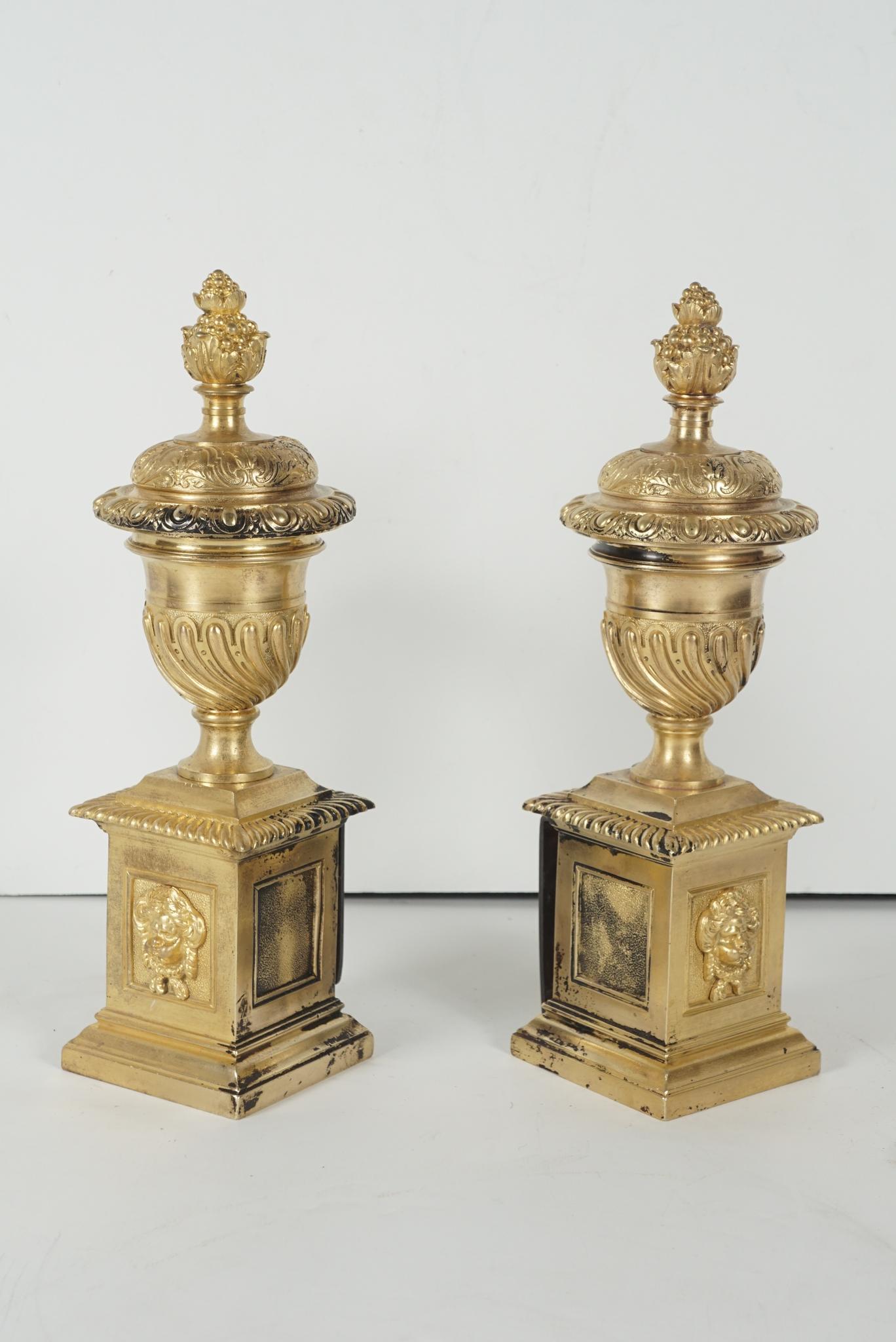 Cast Pair of Period English Baroque Gilded Bronze Fire Dogs