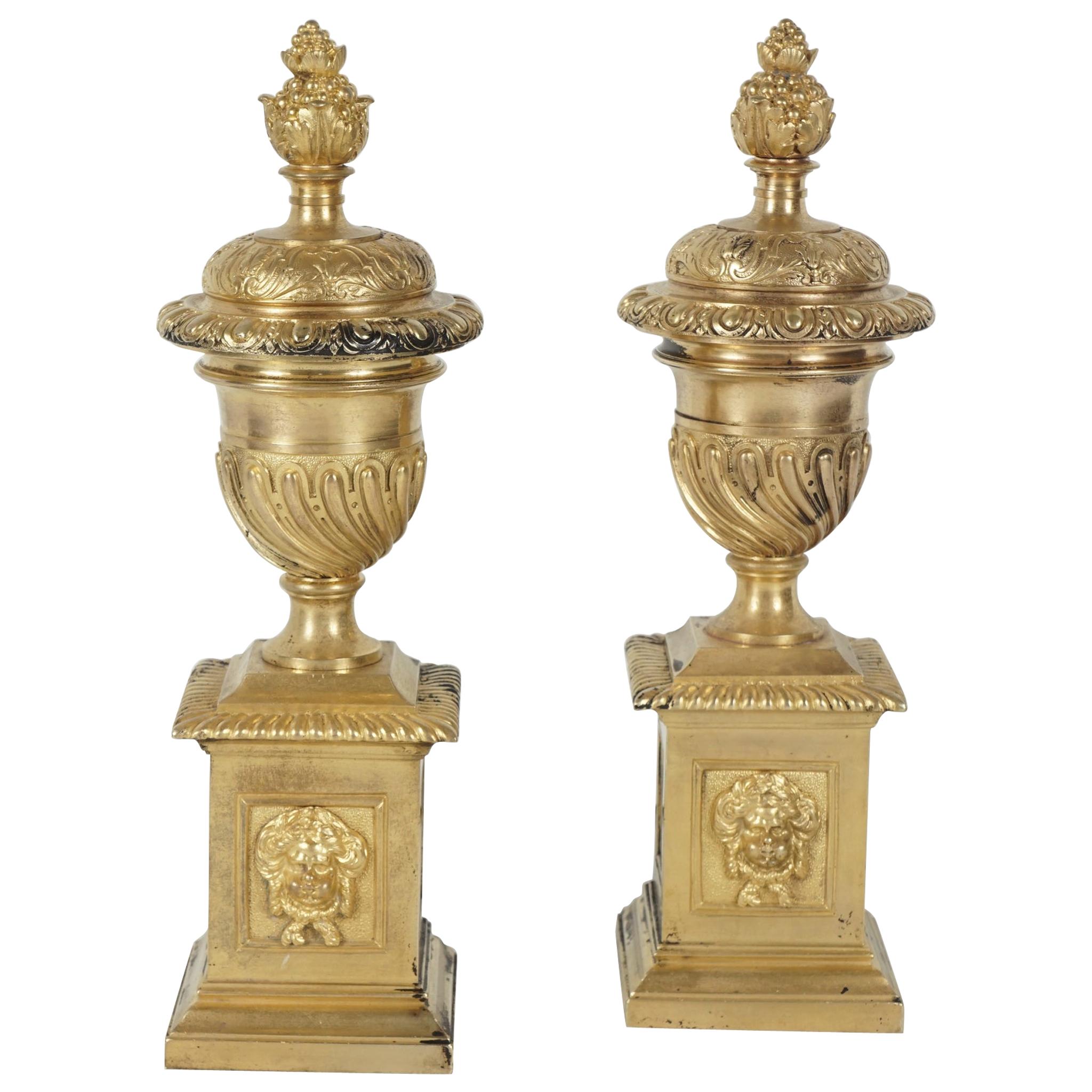Pair of Period English Baroque Gilded Bronze Fire Dogs
