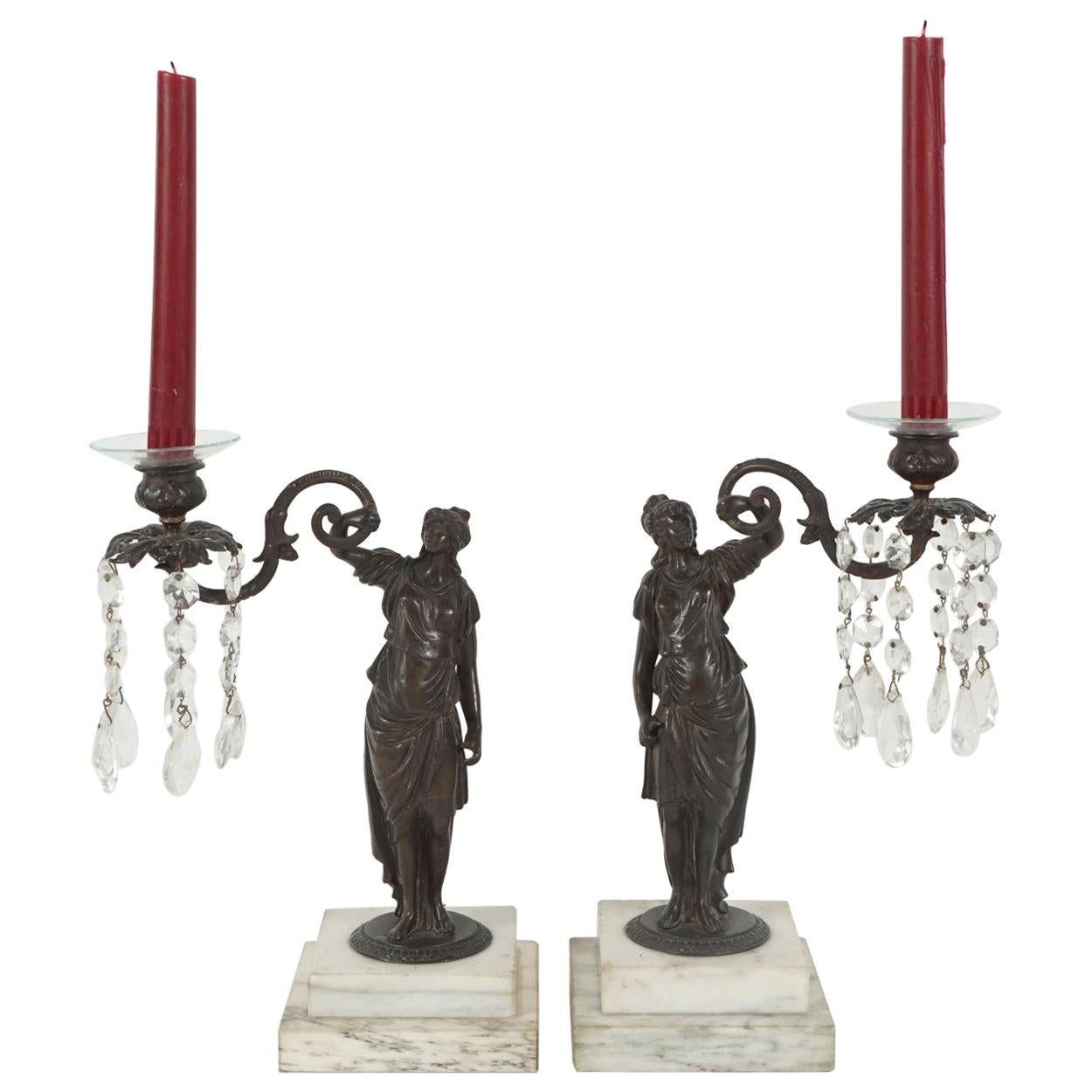 Pair of Period English Regency Cast Bronze and Rock Crystal Candlesticks