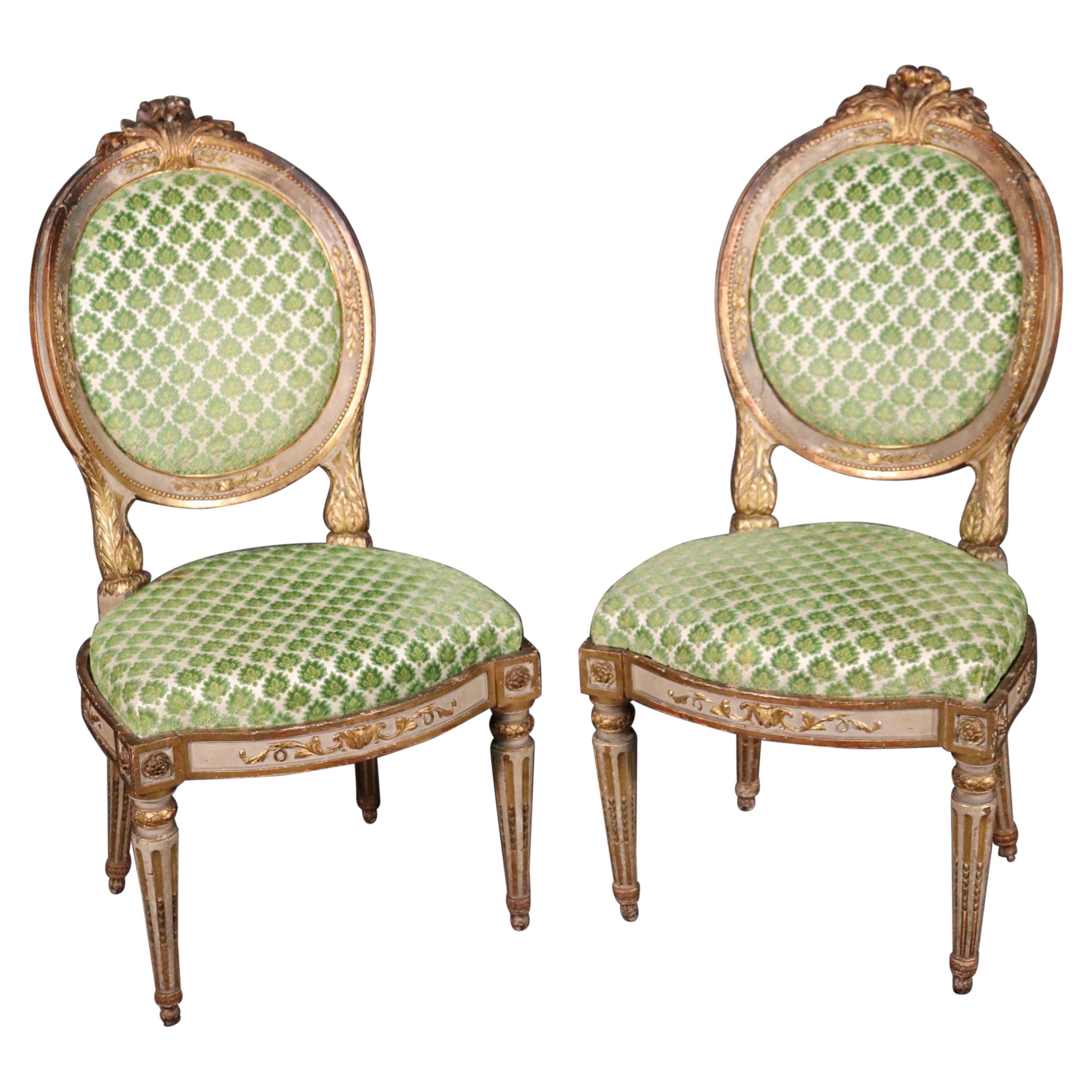 Pair of Period French 1780s Era Louis XVI Paint Decorated Gilded Side Chairs