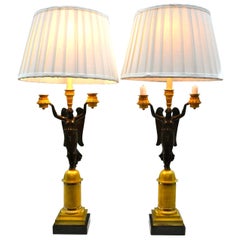 Pair of French Empire Patinated and Gilt Bronze Candelabra Lamps