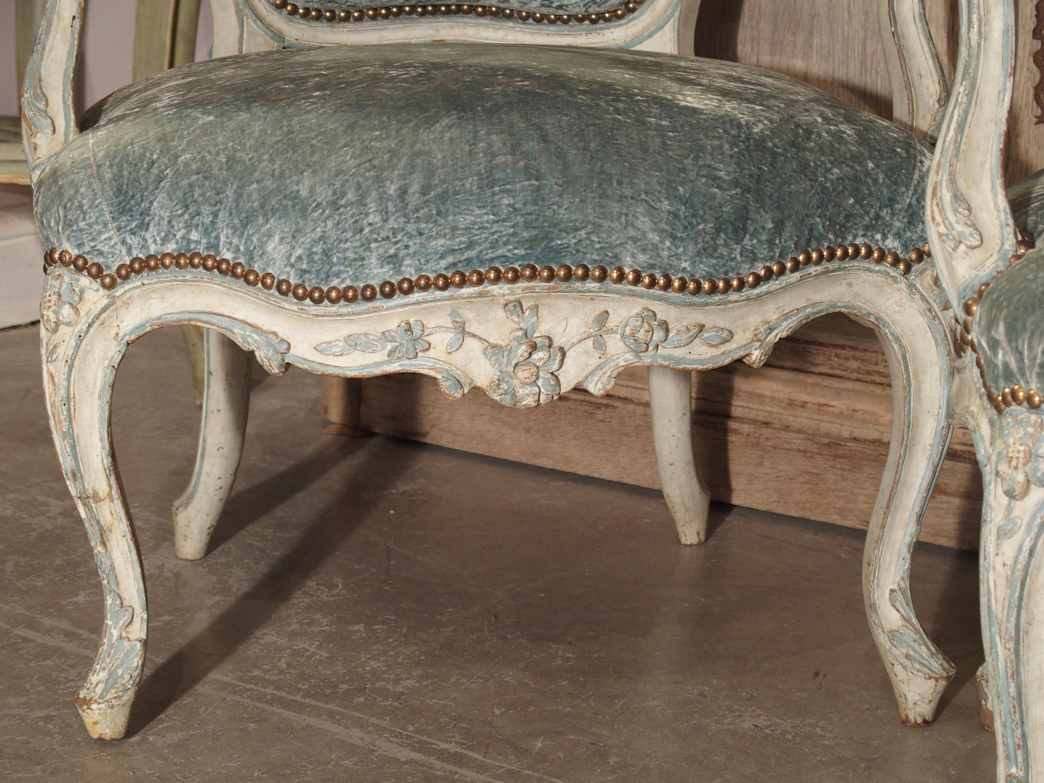 Pair of Period French Louis XV Blue and Cream Lacquered Cabriolet Armchairs 6