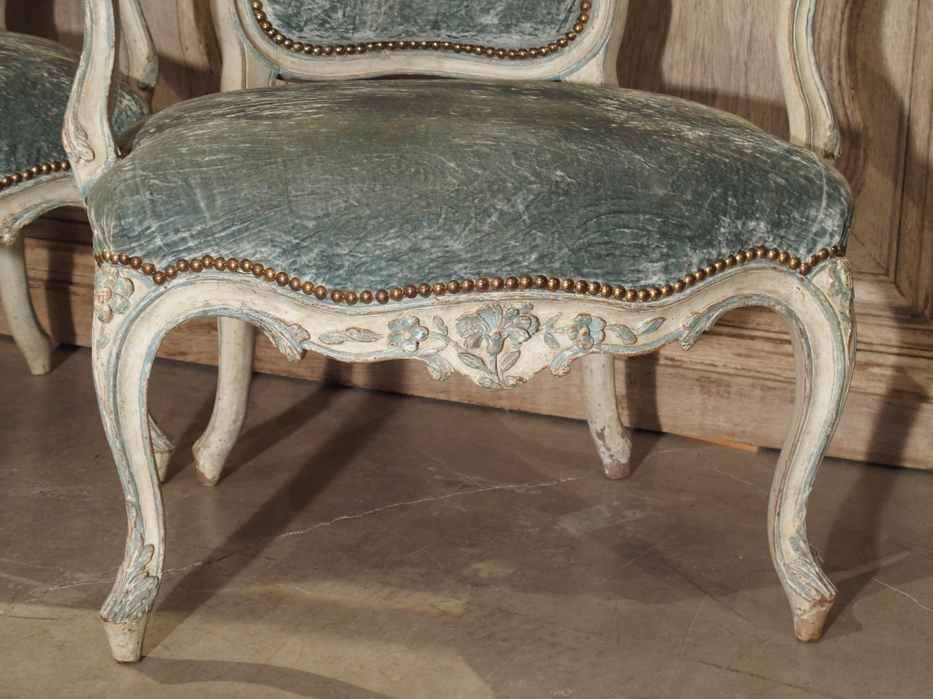 Pair of Period French Louis XV Blue and Cream Lacquered Cabriolet Armchairs 7