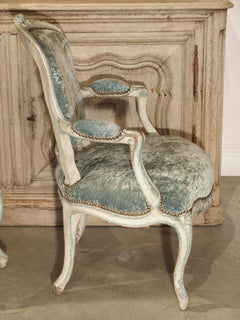 Pair of Period French Louis XV Blue and Cream Lacquered Cabriolet Armchairs