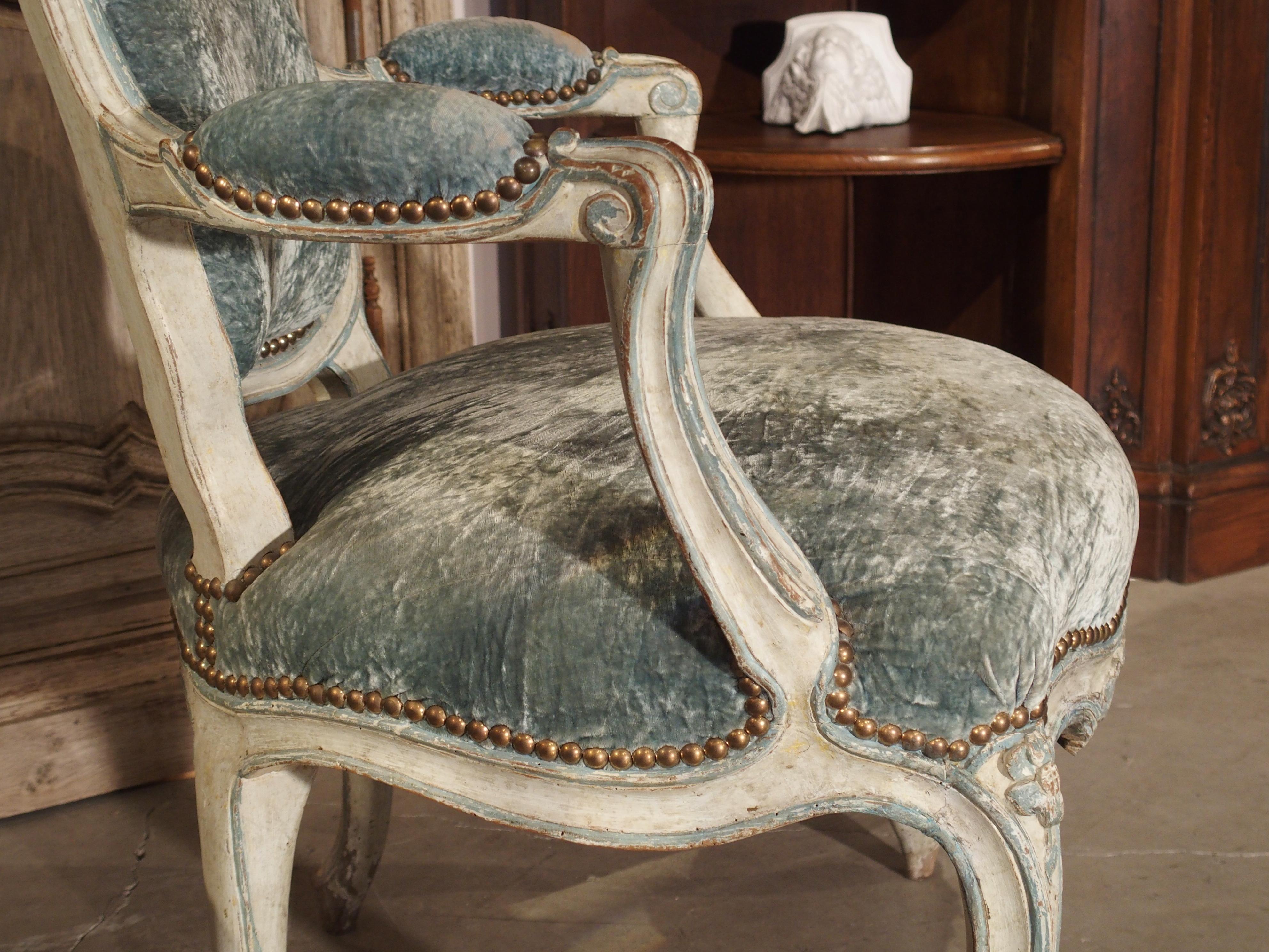 Pair of Period French Louis XV Blue and Cream Lacquered Cabriolet Armchairs 2